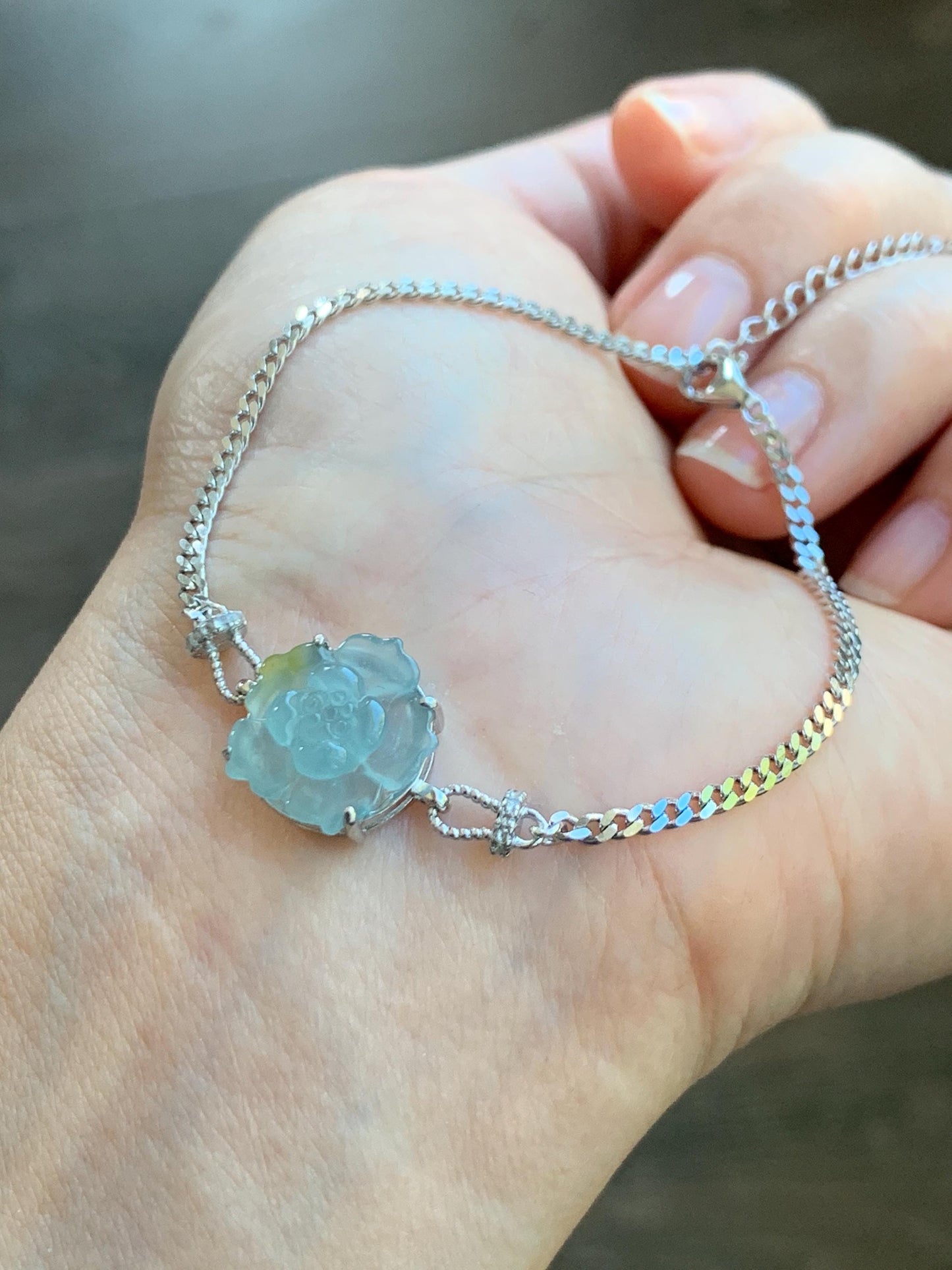 Natural Grade A Guatemalan Icy Translucent Pastel Blue Jadeite Lotus Flower Chain Bracelet Sterling Silver 6.25”-7.5” 天然冰危淡蓝翡翠莲花银手链 QWL110
