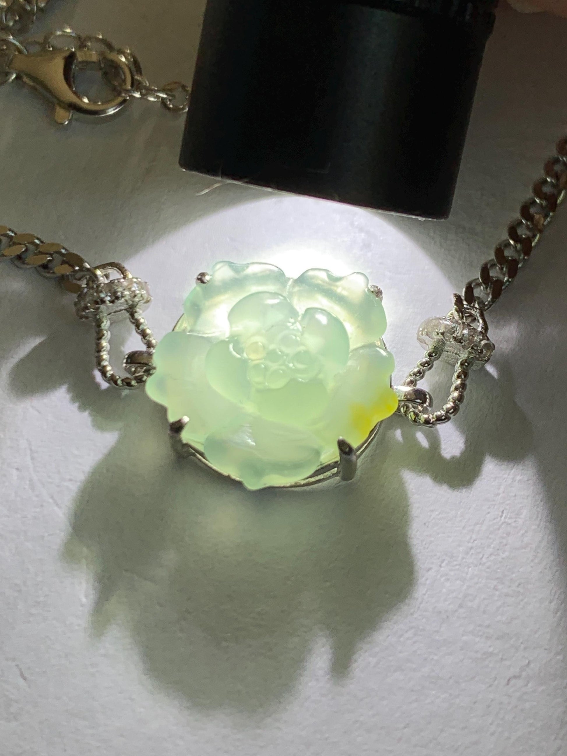 Natural Grade A Guatemalan Icy Translucent Pastel Blue Jadeite Lotus Flower Chain Bracelet Sterling Silver 6.25”-7.5” 天然冰危淡蓝翡翠莲花银手链 QWL110