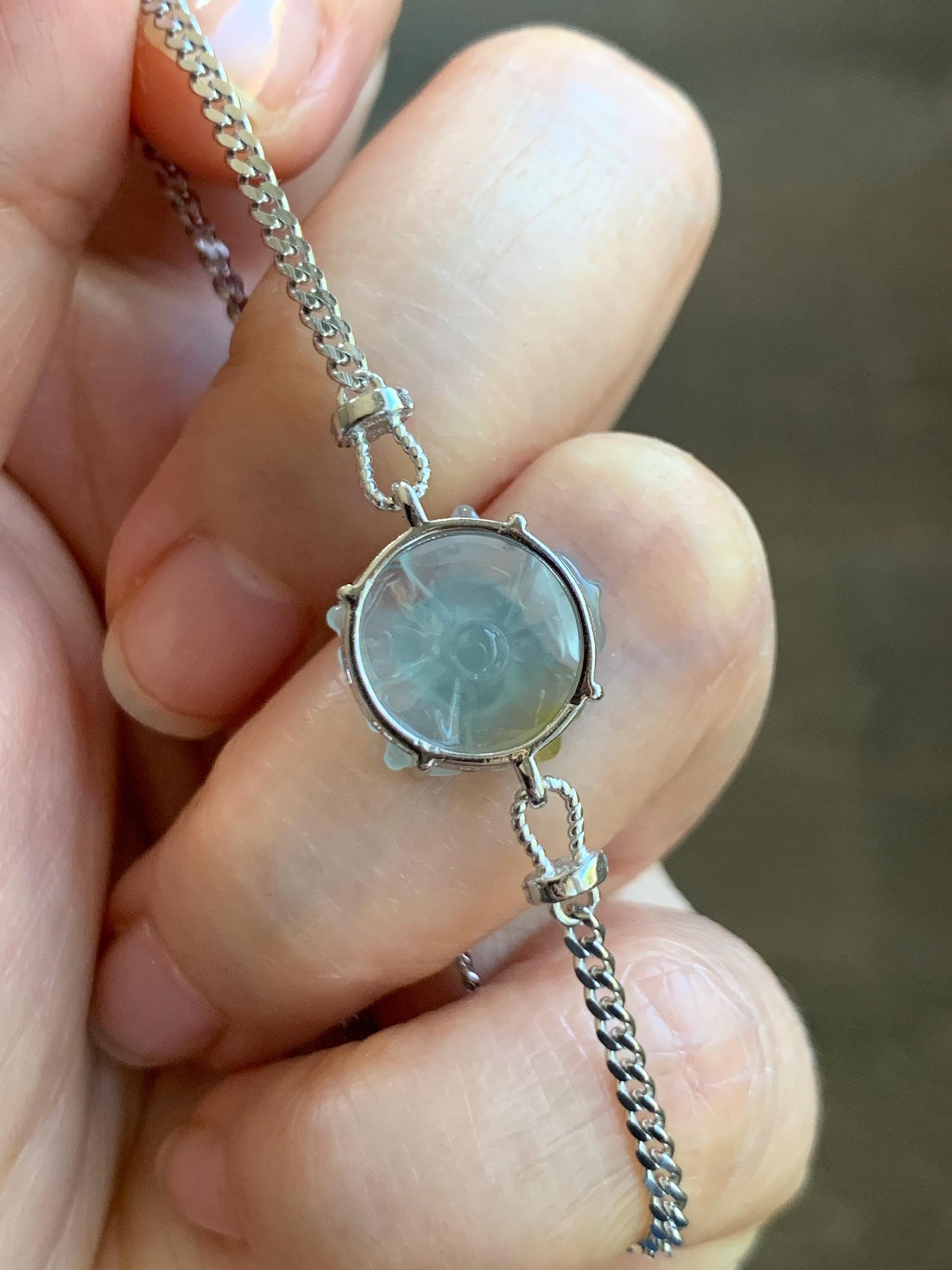 Natural Grade A Guatemalan Icy Translucent Pastel Blue Jadeite Lotus Flower Chain Bracelet Sterling Silver 6.25”-7.5” 天然冰危淡蓝翡翠莲花银手链 QWL110