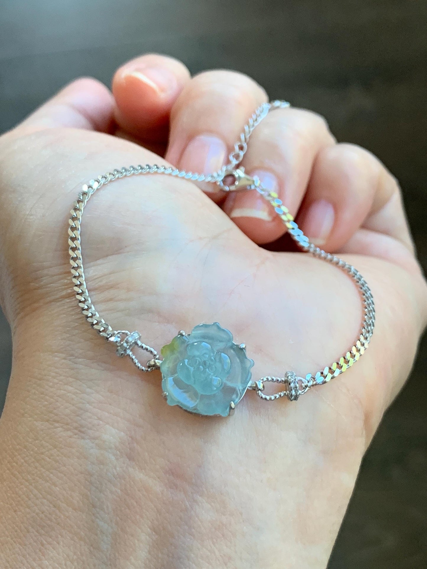 Natural Grade A Guatemalan Icy Translucent Pastel Blue Jadeite Lotus Flower Chain Bracelet Sterling Silver 6.25”-7.5” 天然冰危淡蓝翡翠莲花银手链 QWL110