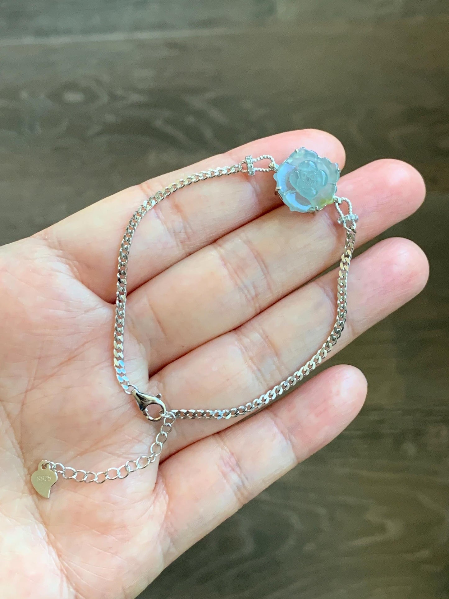 Natural Grade A Guatemalan Icy Translucent Pastel Blue Jadeite Lotus Flower Chain Bracelet Sterling Silver 6.25”-7.5” 天然冰危淡蓝翡翠莲花银手链 QWL110