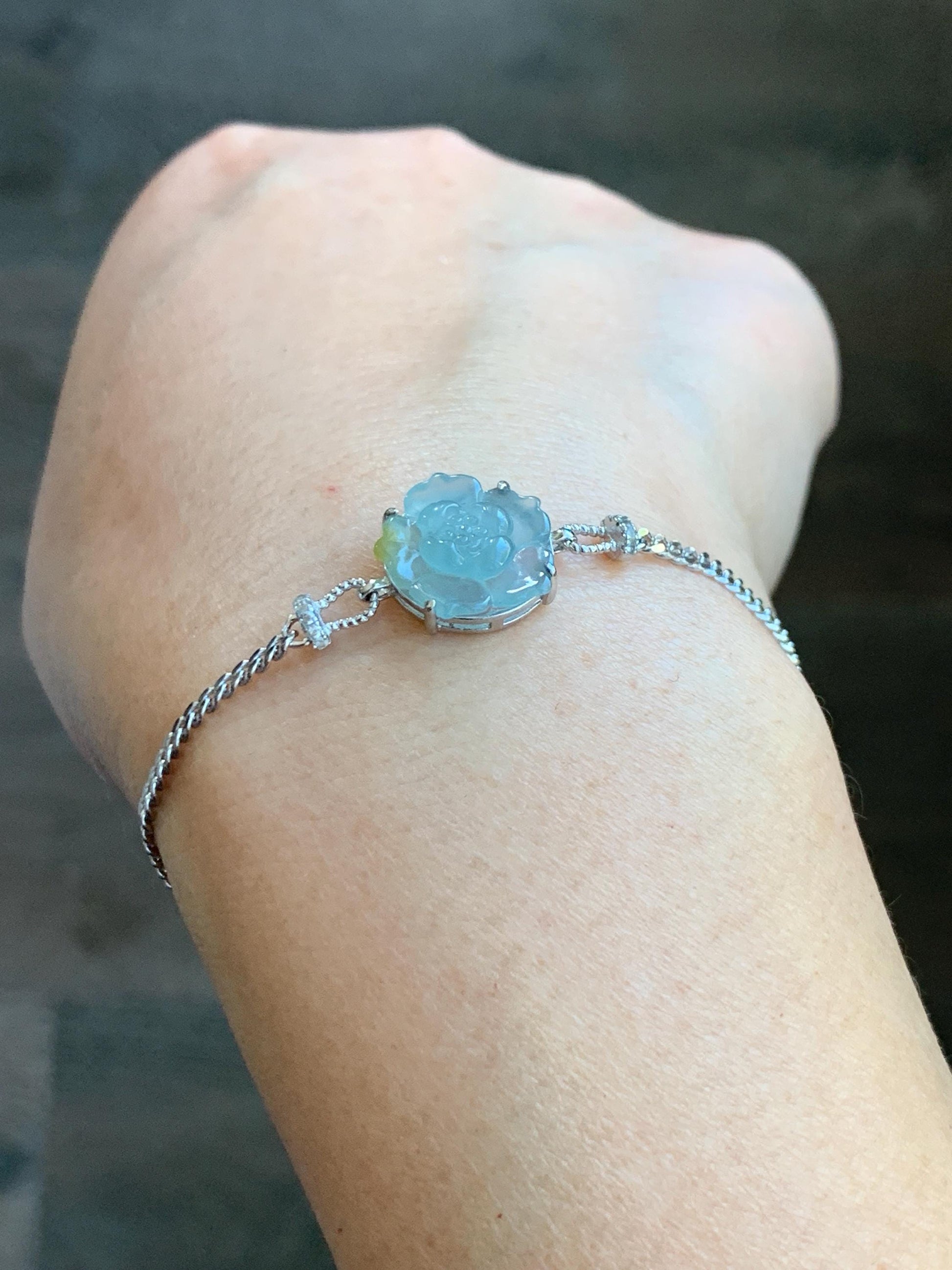 Natural Grade A Guatemalan Icy Translucent Pastel Blue Jadeite Lotus Flower Chain Bracelet Sterling Silver 6.25”-7.5” 天然冰危淡蓝翡翠莲花银手链 QWL110