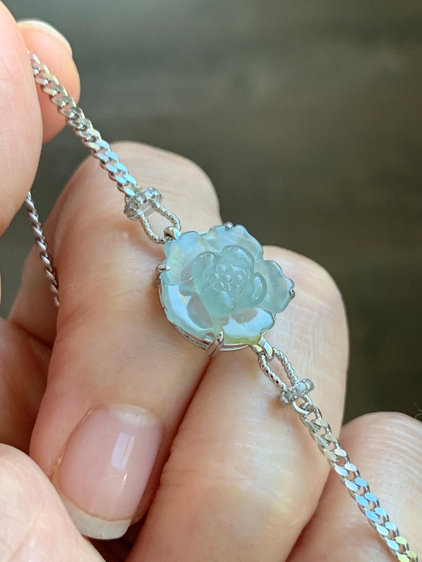 Natural Grade A Guatemalan Icy Translucent Pastel Blue Jadeite Lotus Flower Chain Bracelet Sterling Silver 6.25”-7.5” 天然冰危淡蓝翡翠莲花银手链 QWL110