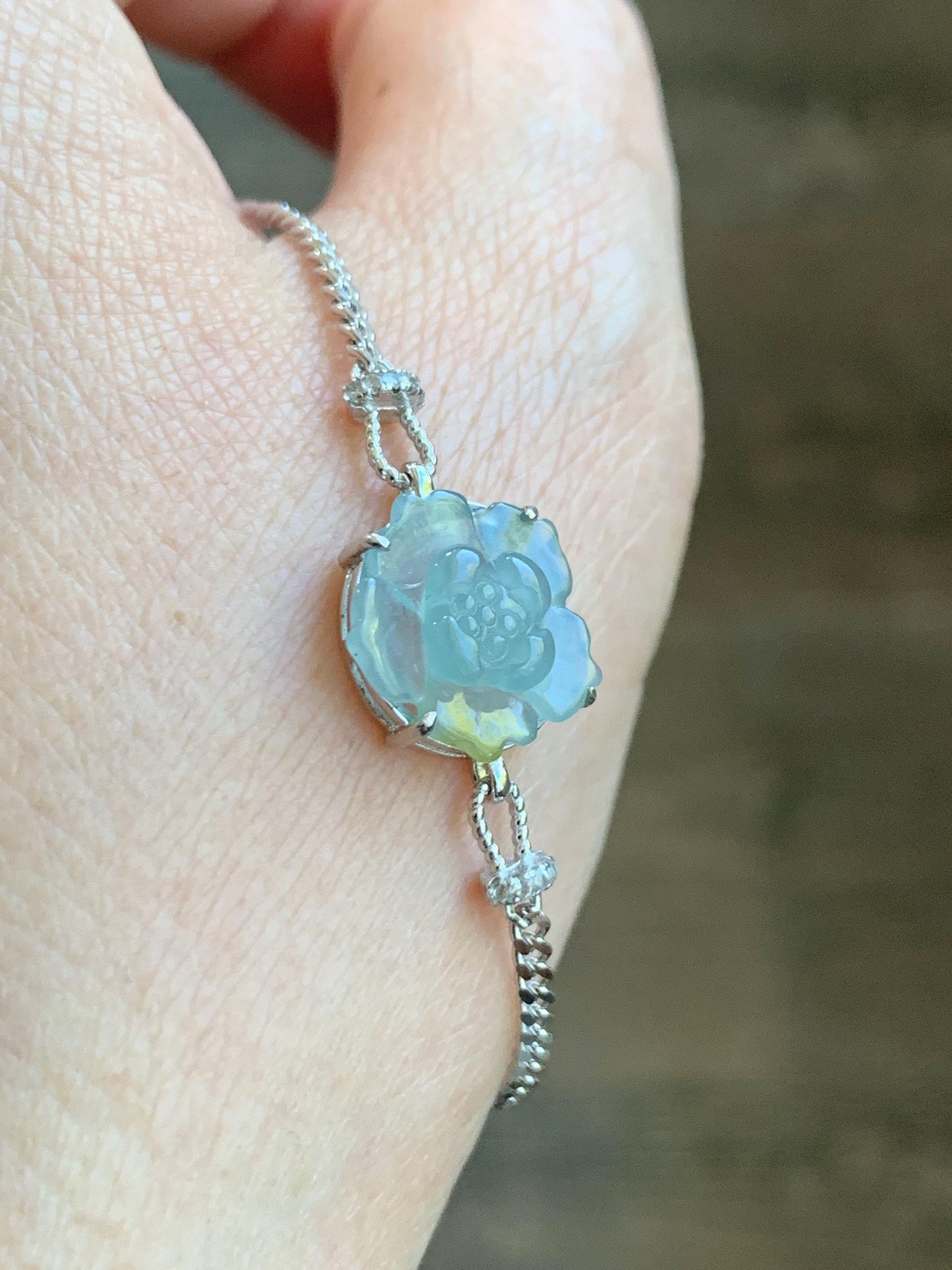 Natural Grade A Guatemalan Icy Translucent Pastel Blue Jadeite Lotus Flower Chain Bracelet Sterling Silver 6.25”-7.5” 天然冰危淡蓝翡翠莲花银手链 QWL110
