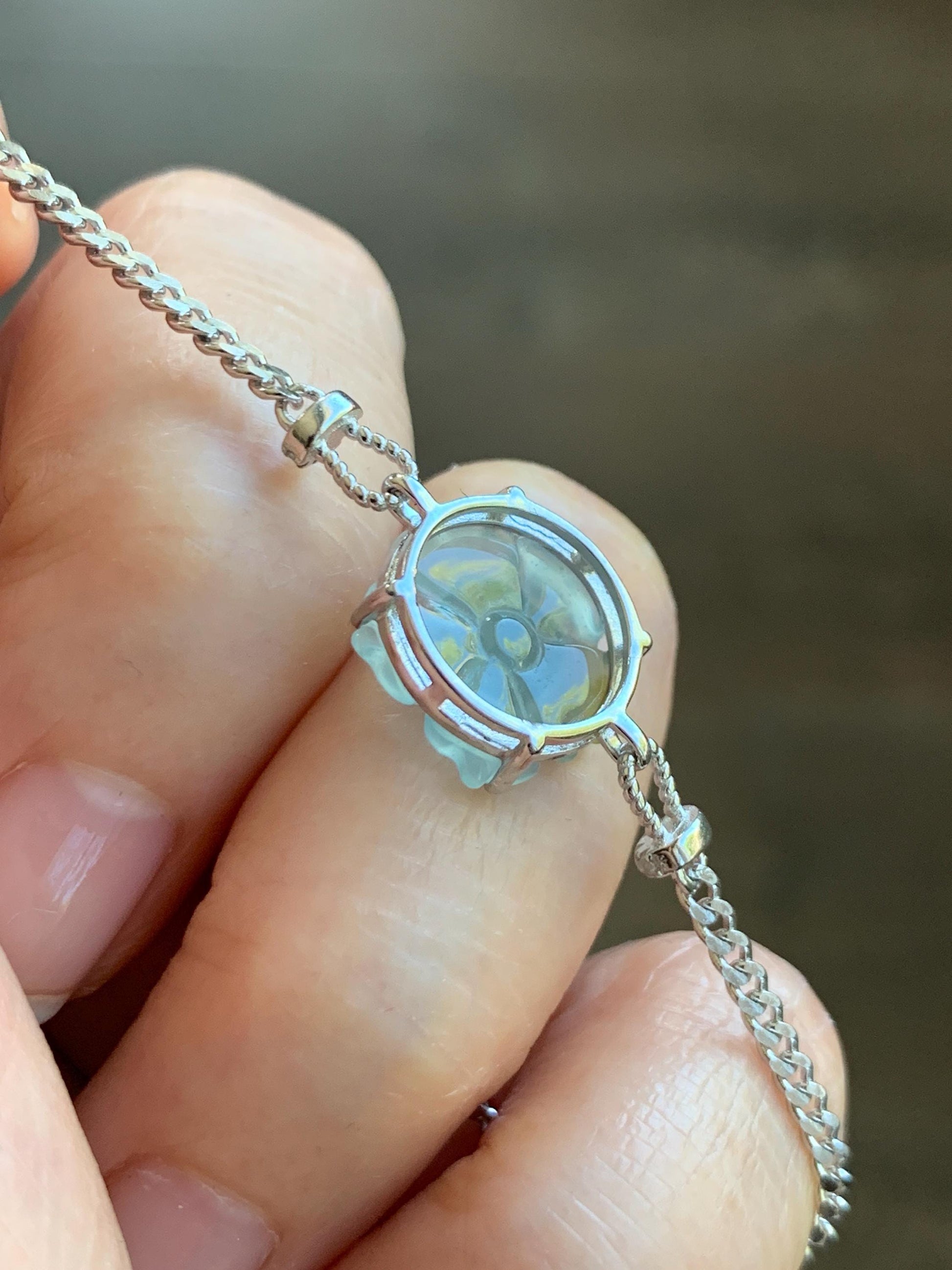 Natural Grade A Guatemalan Icy Translucent Pastel Blue Jadeite Lotus Flower Chain Bracelet Sterling Silver 6.25”-7.5” 天然冰危淡蓝翡翠莲花银手链 QWL110