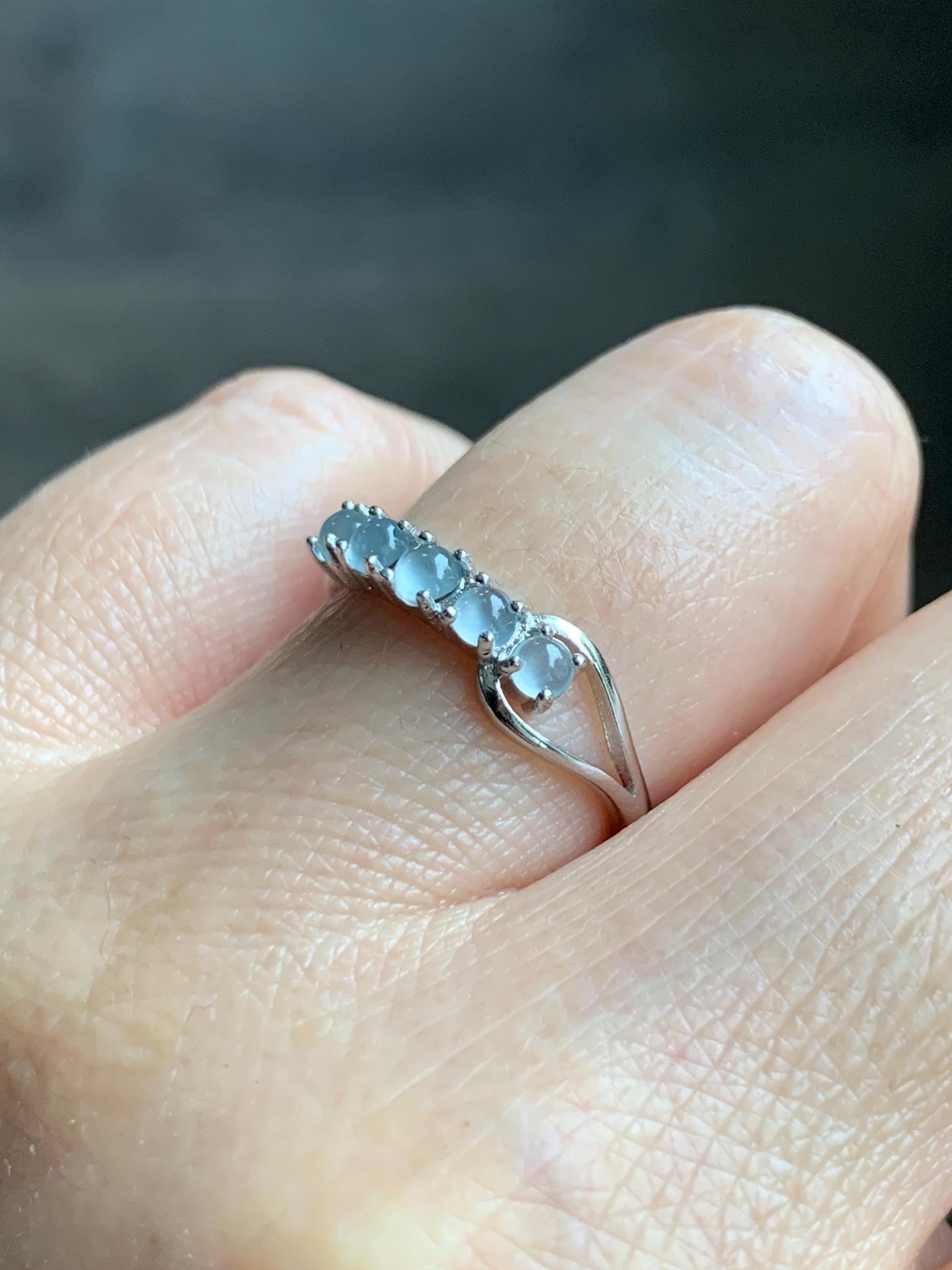 Natural Grade A Guatemalan Icy Highly Translucent Pale Blue Jade Jadeite 5-Stone Band Ring Sterling Silver Size Adjustable 天然冰危淡蓝翡翠排戒QWLP88
