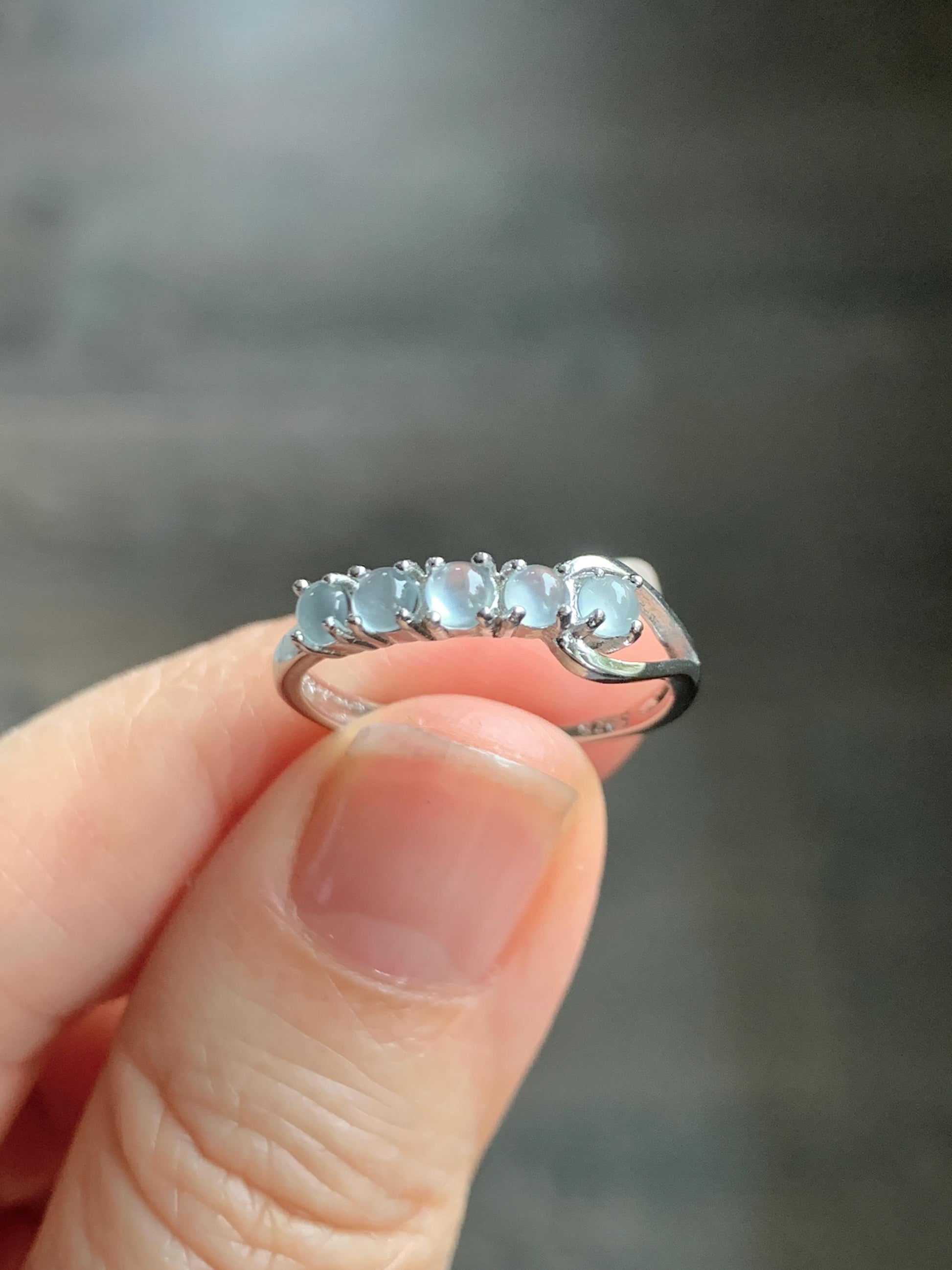 Natural Grade A Guatemalan Icy Highly Translucent Pale Blue Jade Jadeite 5-Stone Band Ring Sterling Silver Size Adjustable 天然冰危淡蓝翡翠排戒QWLP88