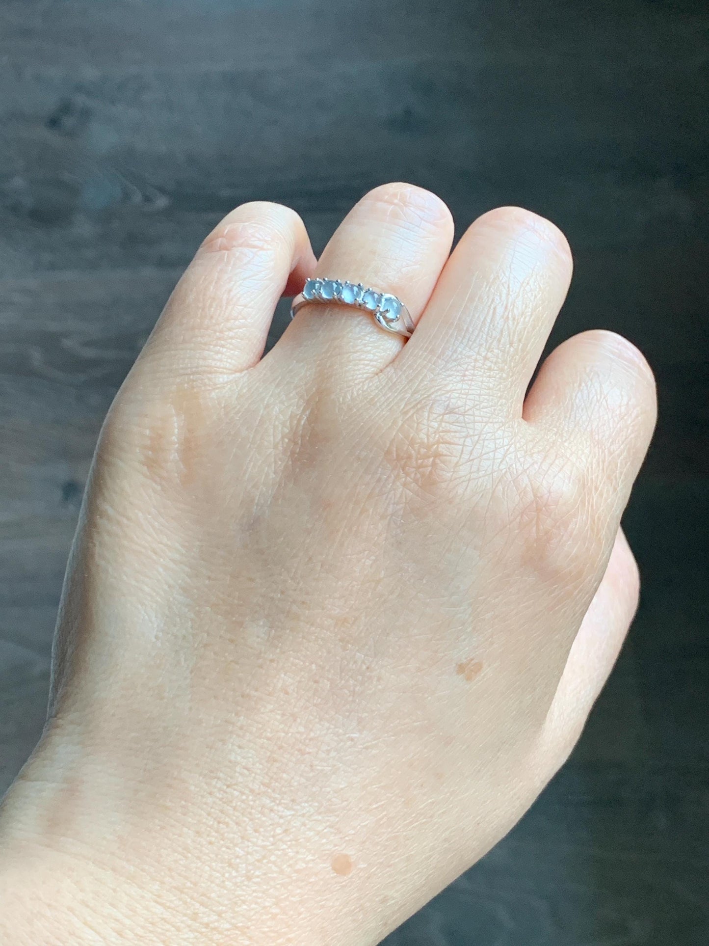Natural Grade A Guatemalan Icy Highly Translucent Pale Blue Jade Jadeite 5-Stone Band Ring Sterling Silver Size Adjustable 天然冰危淡蓝翡翠排戒QWLP88