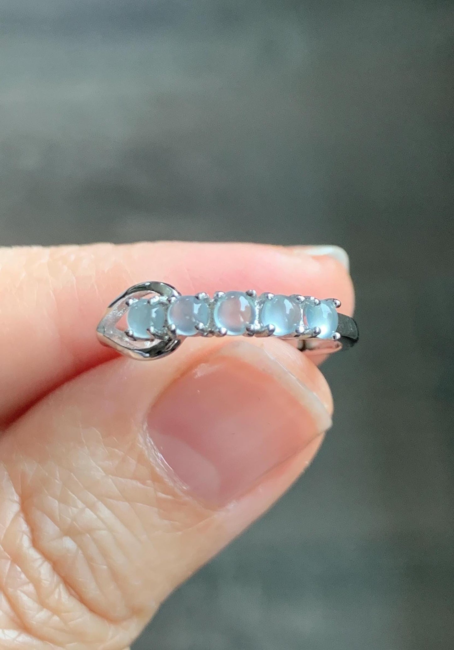Natural Grade A Guatemalan Icy Highly Translucent Pale Blue Jade Jadeite 5-Stone Band Ring Sterling Silver Size Adjustable 天然冰危淡蓝翡翠排戒QWLP88