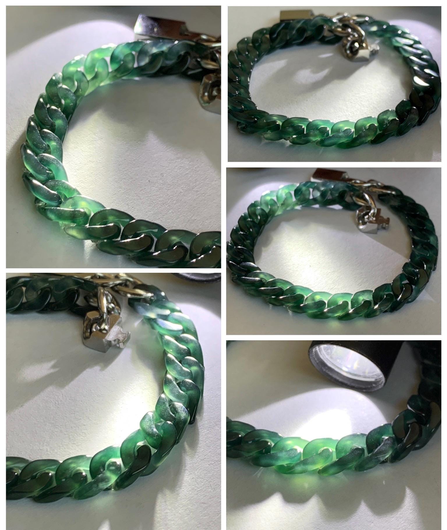 Certified Natural Grade A Guatemalan Icy Translucent Dark Teal Jade Jadeite Carved Curb Chain Bracelet Stainless Steel 7” 天然冰胶危深蓝绿翡翠古巴链手链569