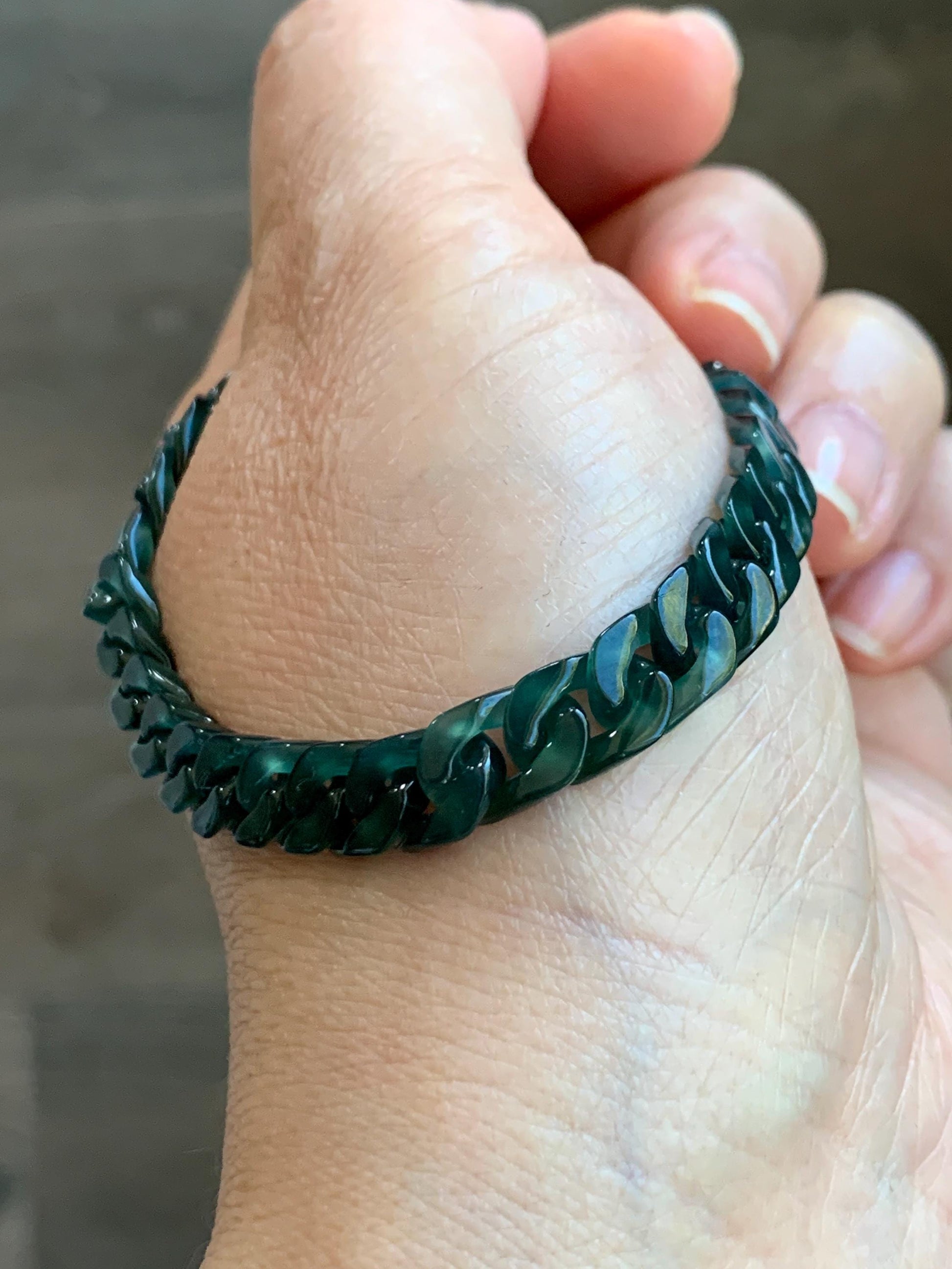 Certified Natural Grade A Guatemalan Icy Translucent Dark Teal Jade Jadeite Carved Curb Chain Bracelet Stainless Steel 7” 天然冰胶危深蓝绿翡翠古巴链手链569
