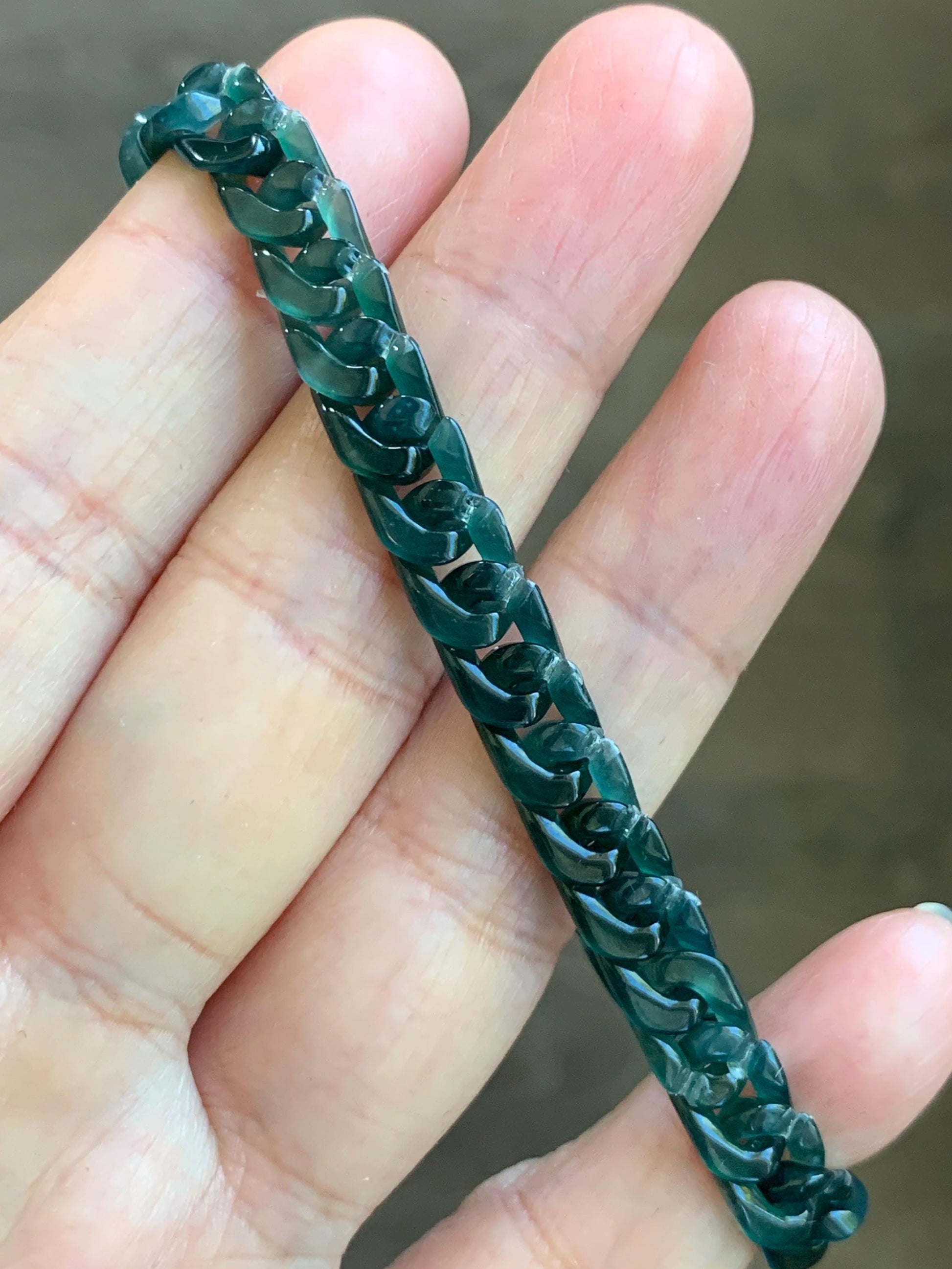 Certified Natural Grade A Guatemalan Icy Translucent Dark Teal Jade Jadeite Carved Curb Chain Bracelet Stainless Steel 7” 天然冰胶危深蓝绿翡翠古巴链手链569