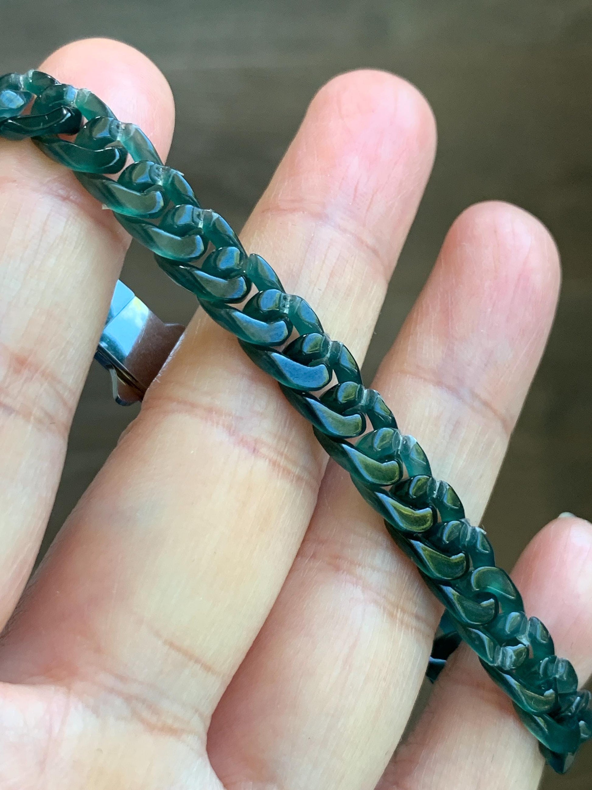 Certified Natural Grade A Guatemalan Icy Translucent Dark Teal Jade Jadeite Carved Curb Chain Bracelet Stainless Steel 7” 天然冰胶危深蓝绿翡翠古巴链手链569