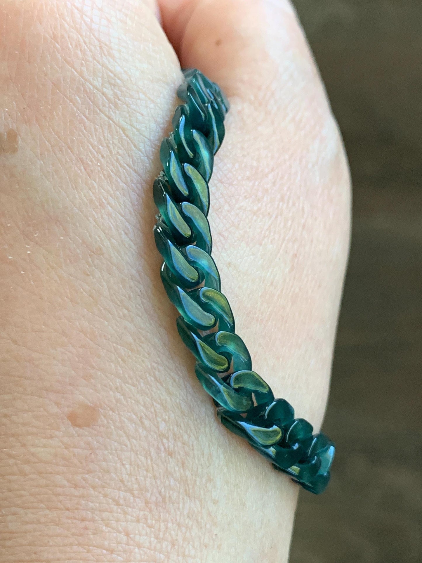 Certified Natural Grade A Guatemalan Icy Translucent Dark Teal Jade Jadeite Carved Curb Chain Bracelet Stainless Steel 7” 天然冰胶危深蓝绿翡翠古巴链手链569