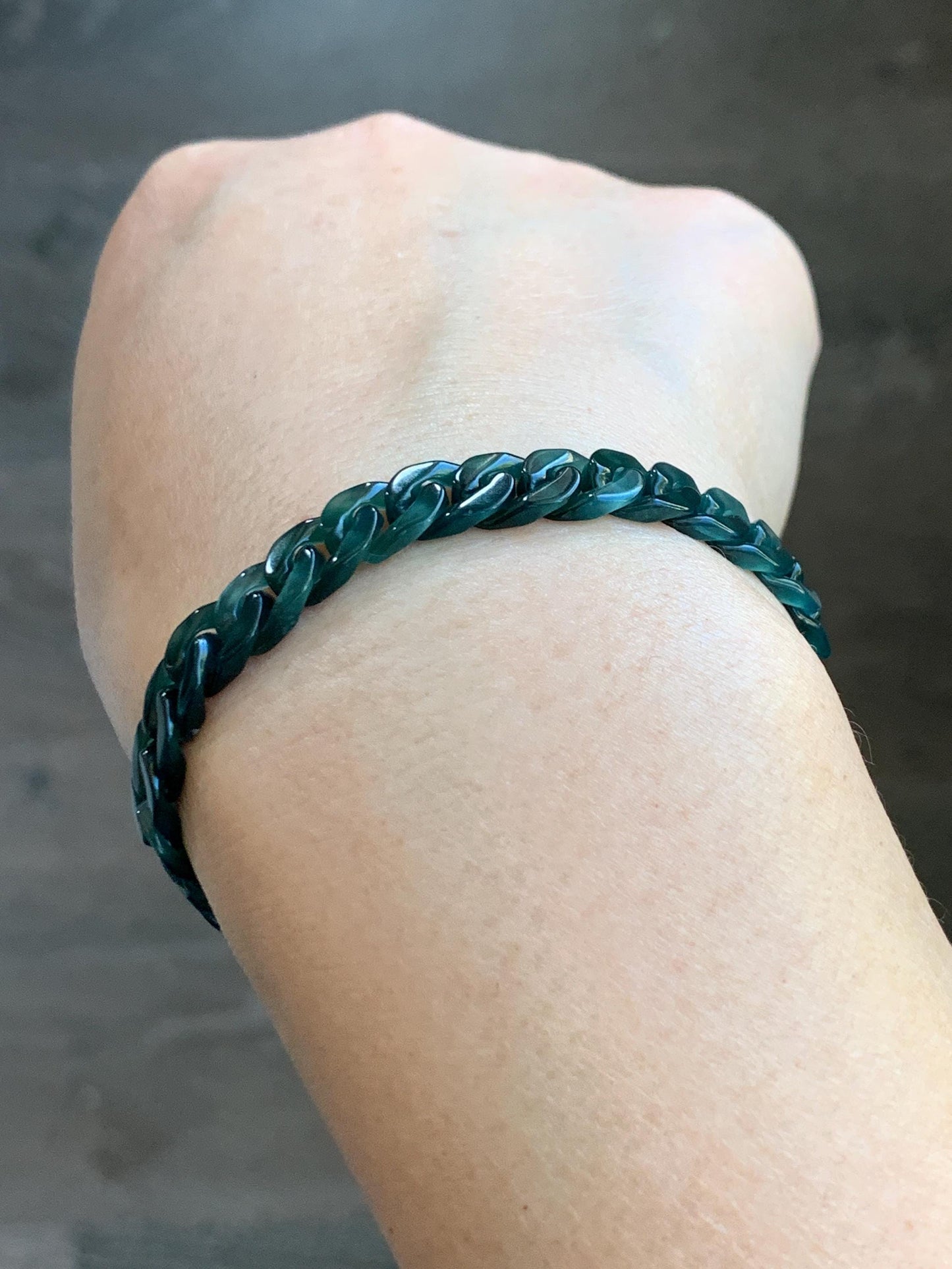 Certified Natural Grade A Guatemalan Icy Translucent Dark Teal Jade Jadeite Carved Curb Chain Bracelet Stainless Steel 7” 天然冰胶危深蓝绿翡翠古巴链手链569