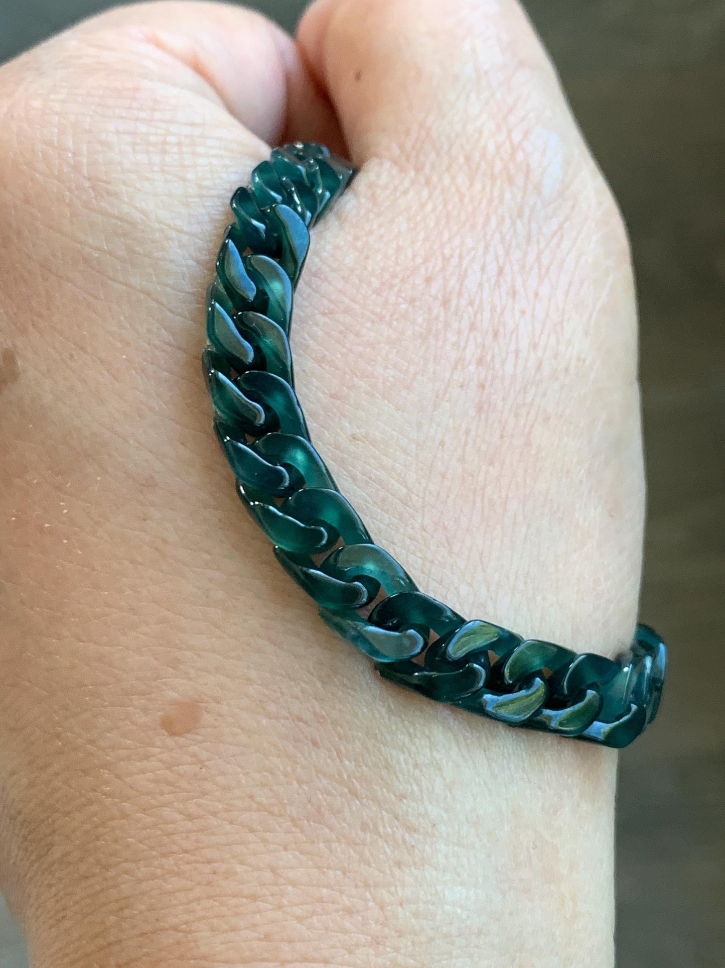 Certified Natural Grade A Guatemalan Icy Translucent Dark Teal Jade Jadeite Carved Curb Chain Bracelet Stainless Steel 7” 天然冰胶危深蓝绿翡翠古巴链手链569