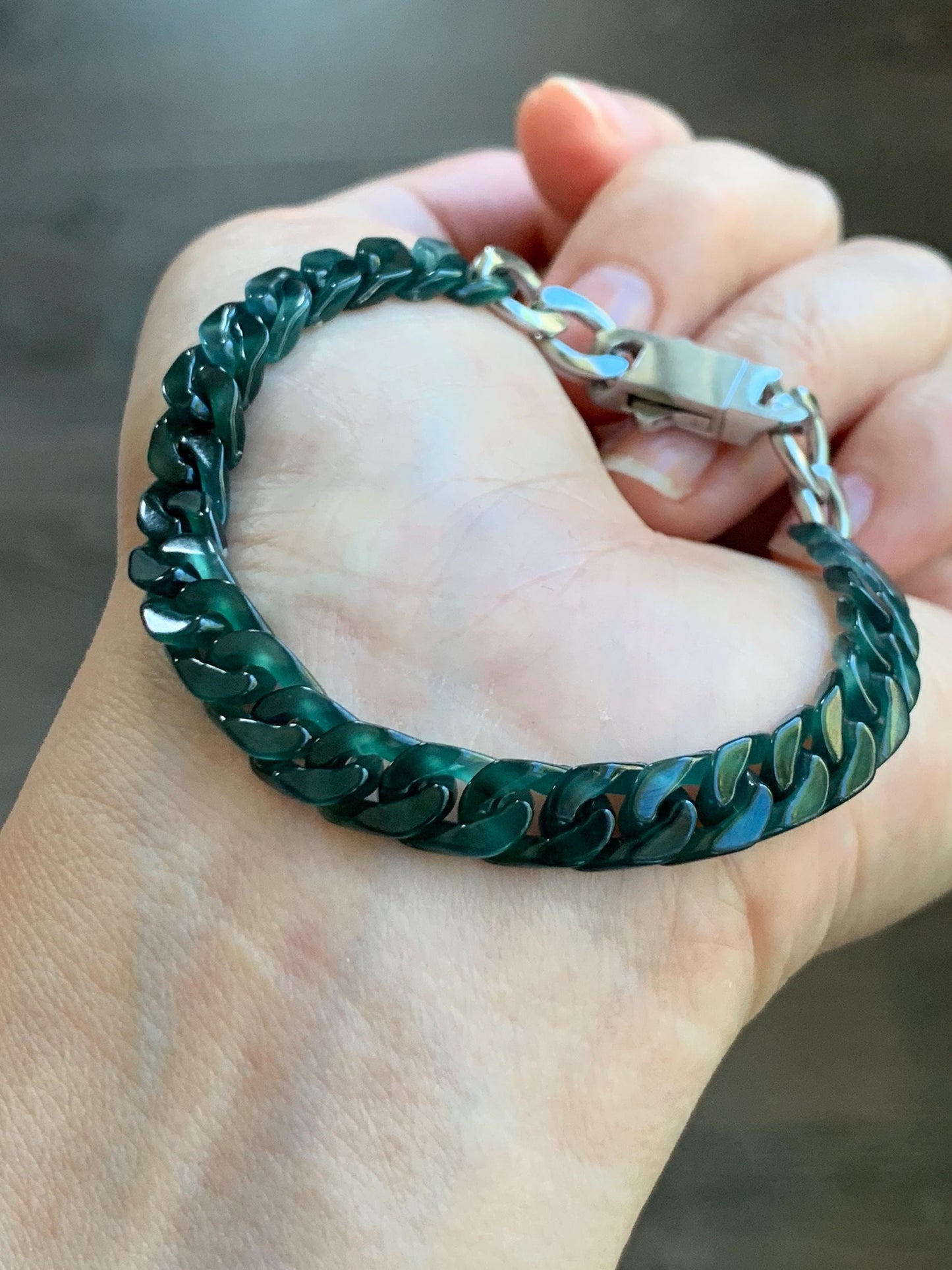 Certified Natural Grade A Guatemalan Icy Translucent Dark Teal Jade Jadeite Carved Curb Chain Bracelet Stainless Steel 7” 天然冰胶危深蓝绿翡翠古巴链手链569