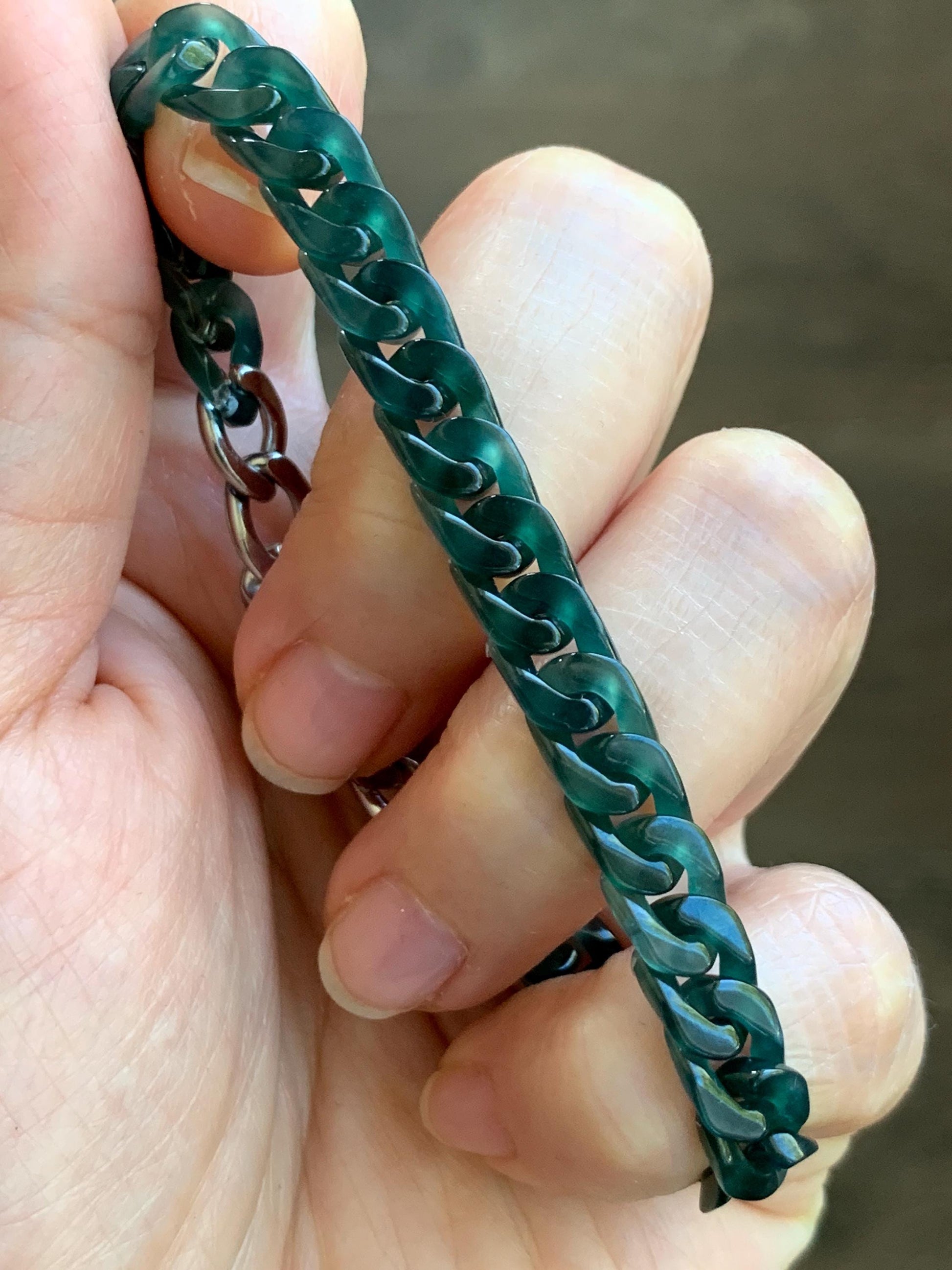 Certified Natural Grade A Guatemalan Icy Translucent Dark Teal Jade Jadeite Carved Curb Chain Bracelet Stainless Steel 7” 天然冰胶危深蓝绿翡翠古巴链手链569