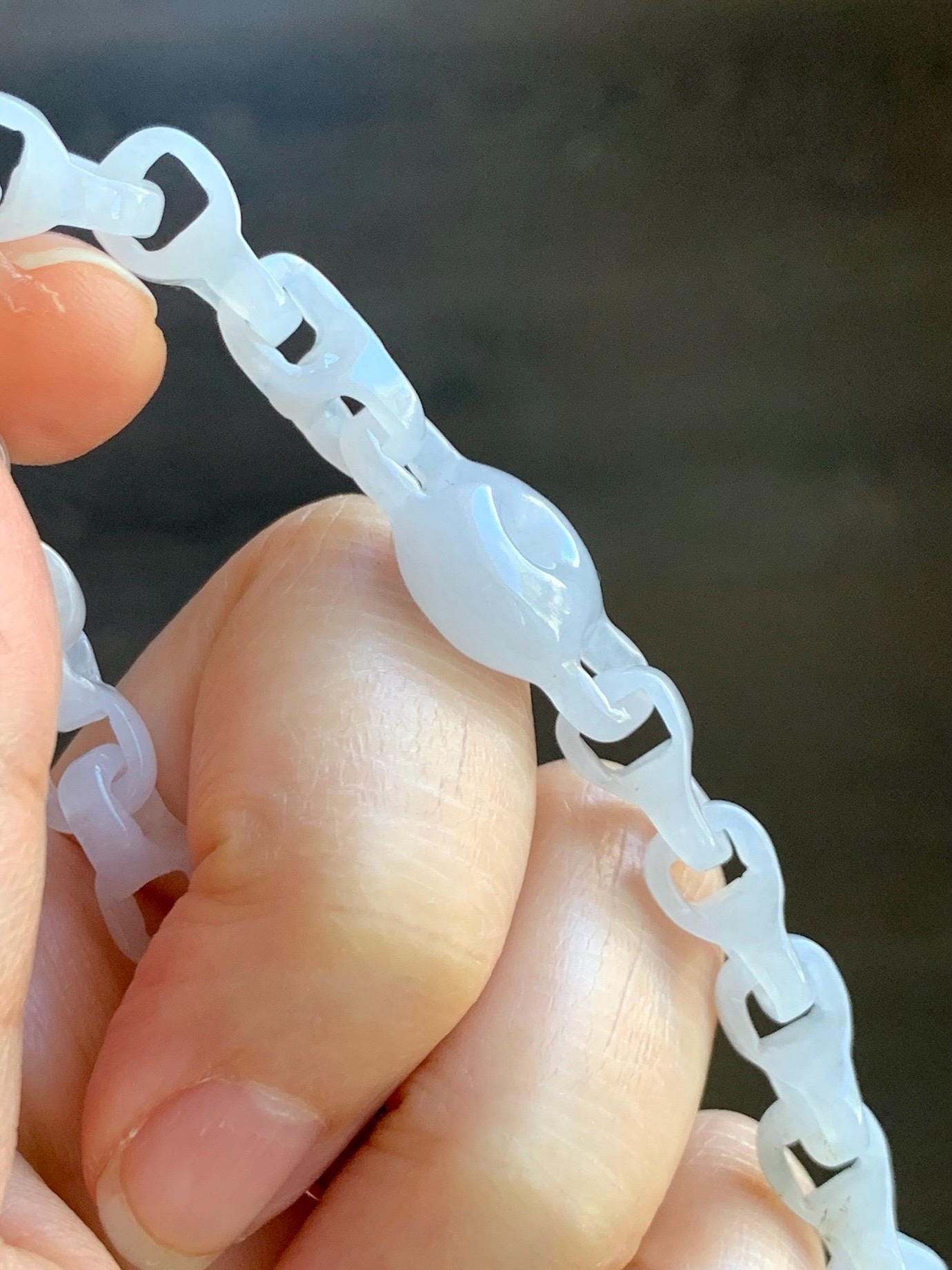 Certified Natural Grade A Icy White Jade Jadeite Interlocking Dragon Bone Chain & Donut Bracelet Sterling Silver 8” 天然白冰淡紫底翡翠龙骨链平安扣手链 570