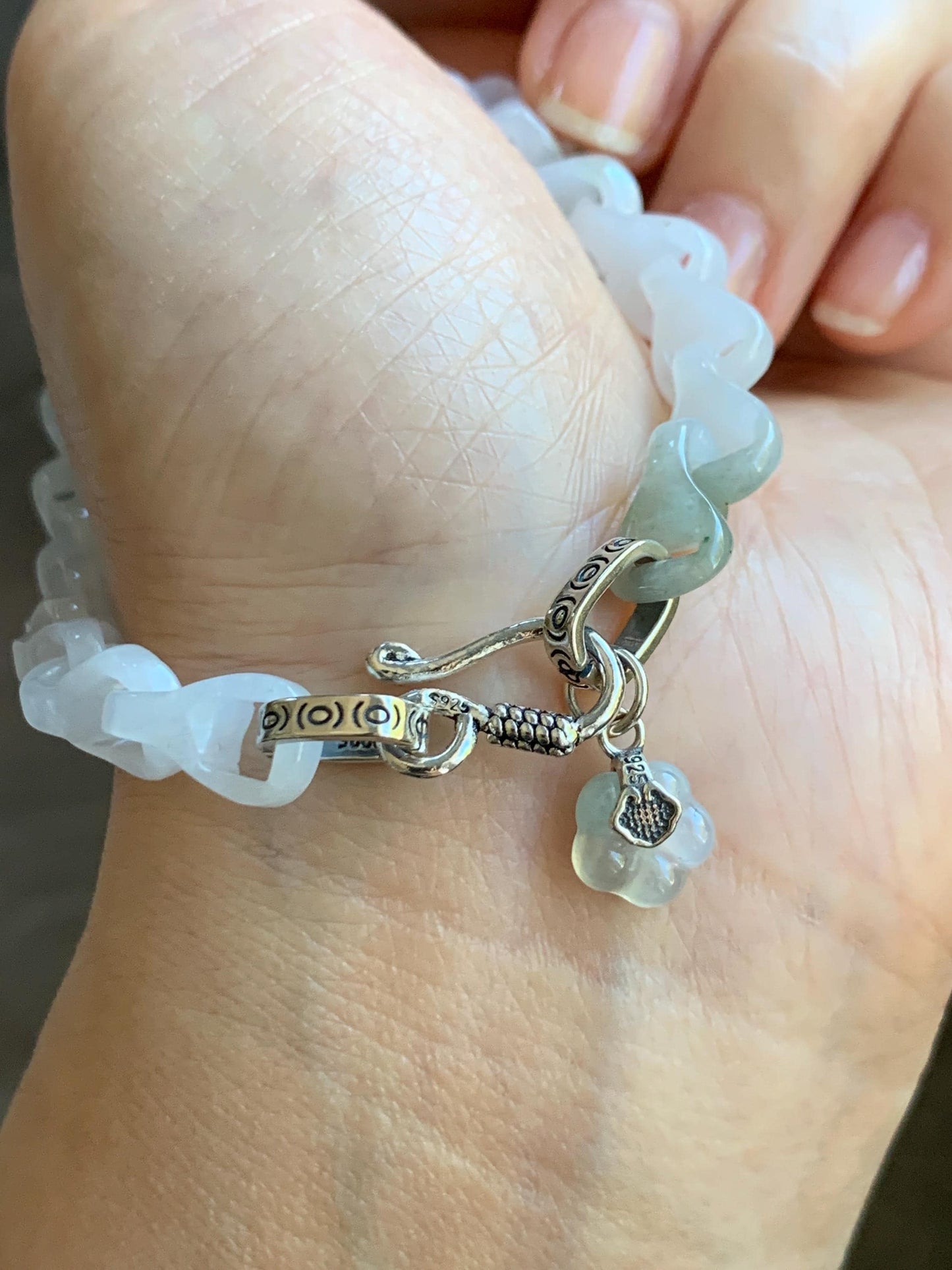 Certified Natural Grade A Icy White Jade Jadeite Interlocking Dragon Bone Chain & Donut Bracelet Sterling Silver 8” 天然白冰淡紫底翡翠龙骨链平安扣手链 570