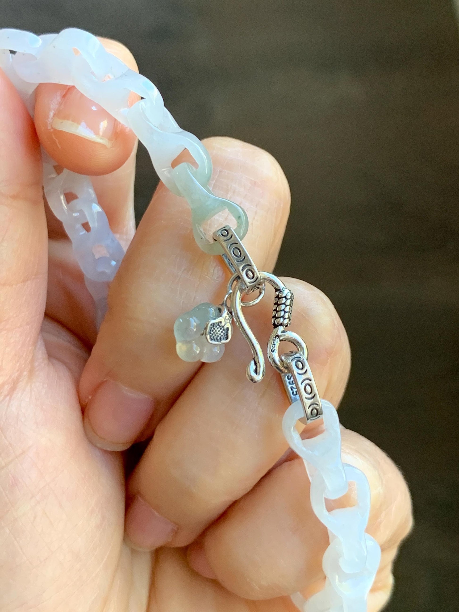 Certified Natural Grade A Icy White Jade Jadeite Interlocking Dragon Bone Chain & Donut Bracelet Sterling Silver 8” 天然白冰淡紫底翡翠龙骨链平安扣手链 570