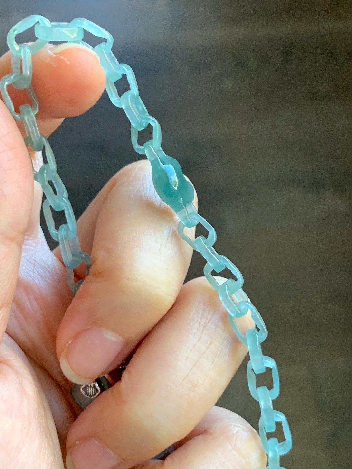 Certified Natural Type A Guatemalan Icy Teal Blue Jadeite Carved Interlocking Links Heart Bracelet Sterling Silver 9.25” 天然冰危蓝翡翠龙骨链爱心手链 571