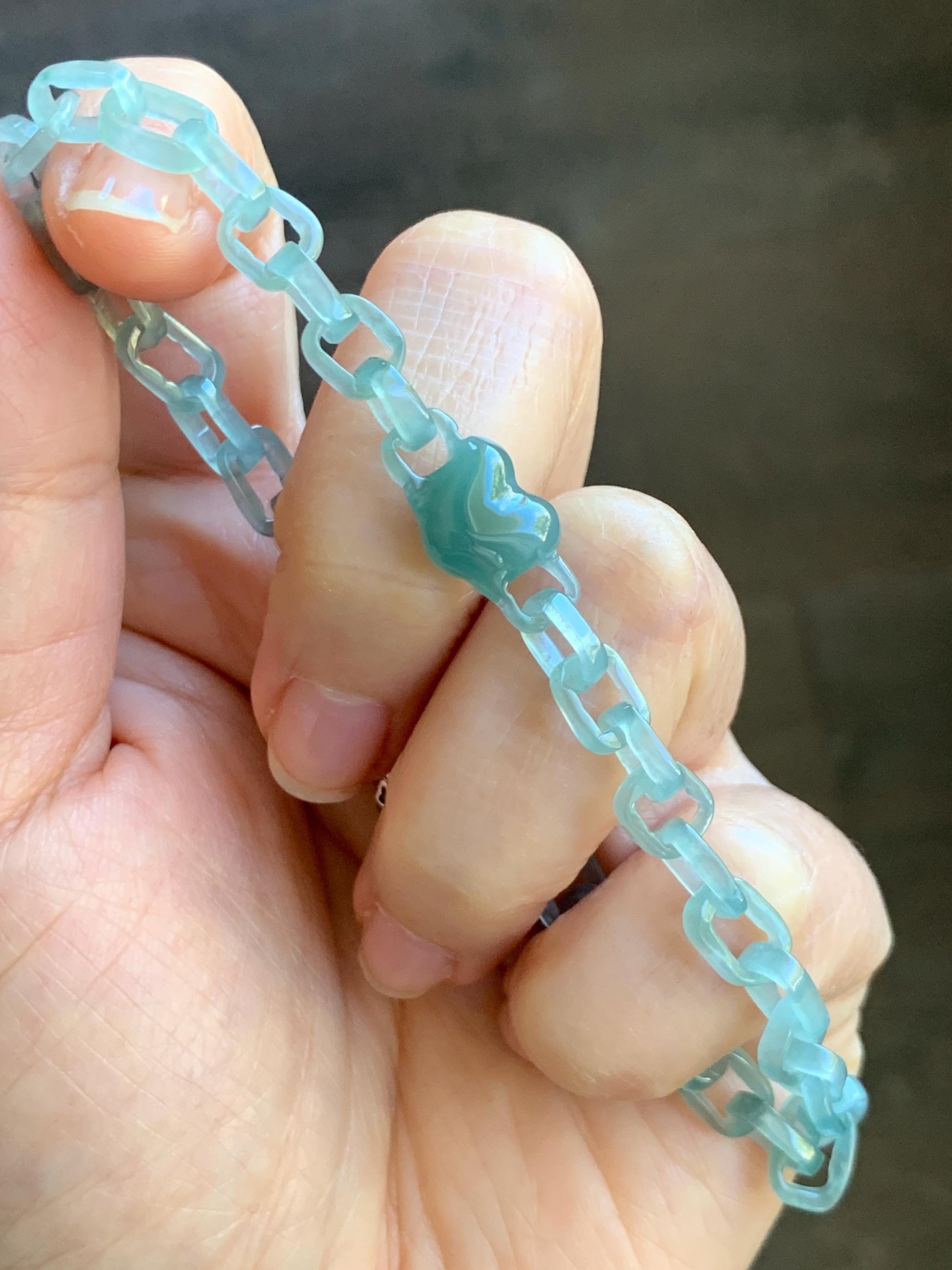 Certified Natural Type A Guatemalan Icy Teal Blue Jadeite Carved Interlocking Links Heart Bracelet Sterling Silver 9.25” 天然冰危蓝翡翠龙骨链爱心手链 571