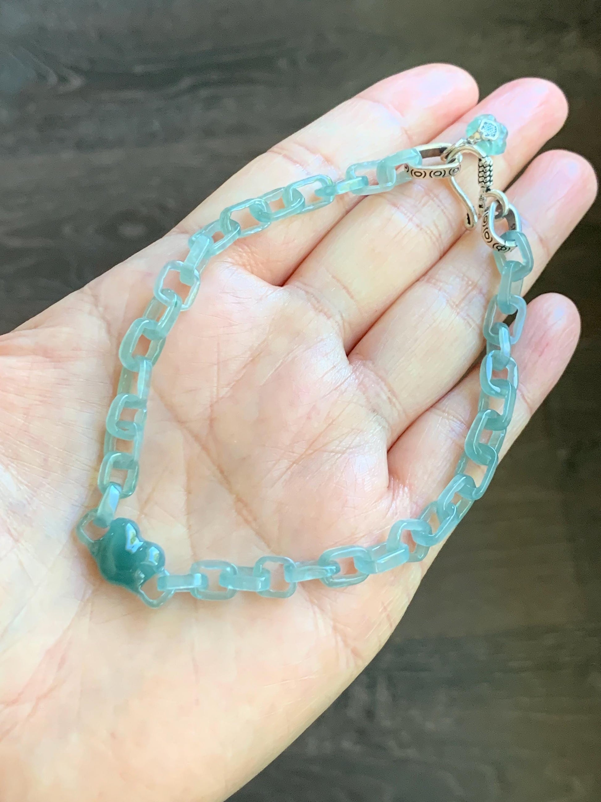 Certified Natural Type A Guatemalan Icy Teal Blue Jadeite Carved Interlocking Links Heart Bracelet Sterling Silver 9.25” 天然冰危蓝翡翠龙骨链爱心手链 571