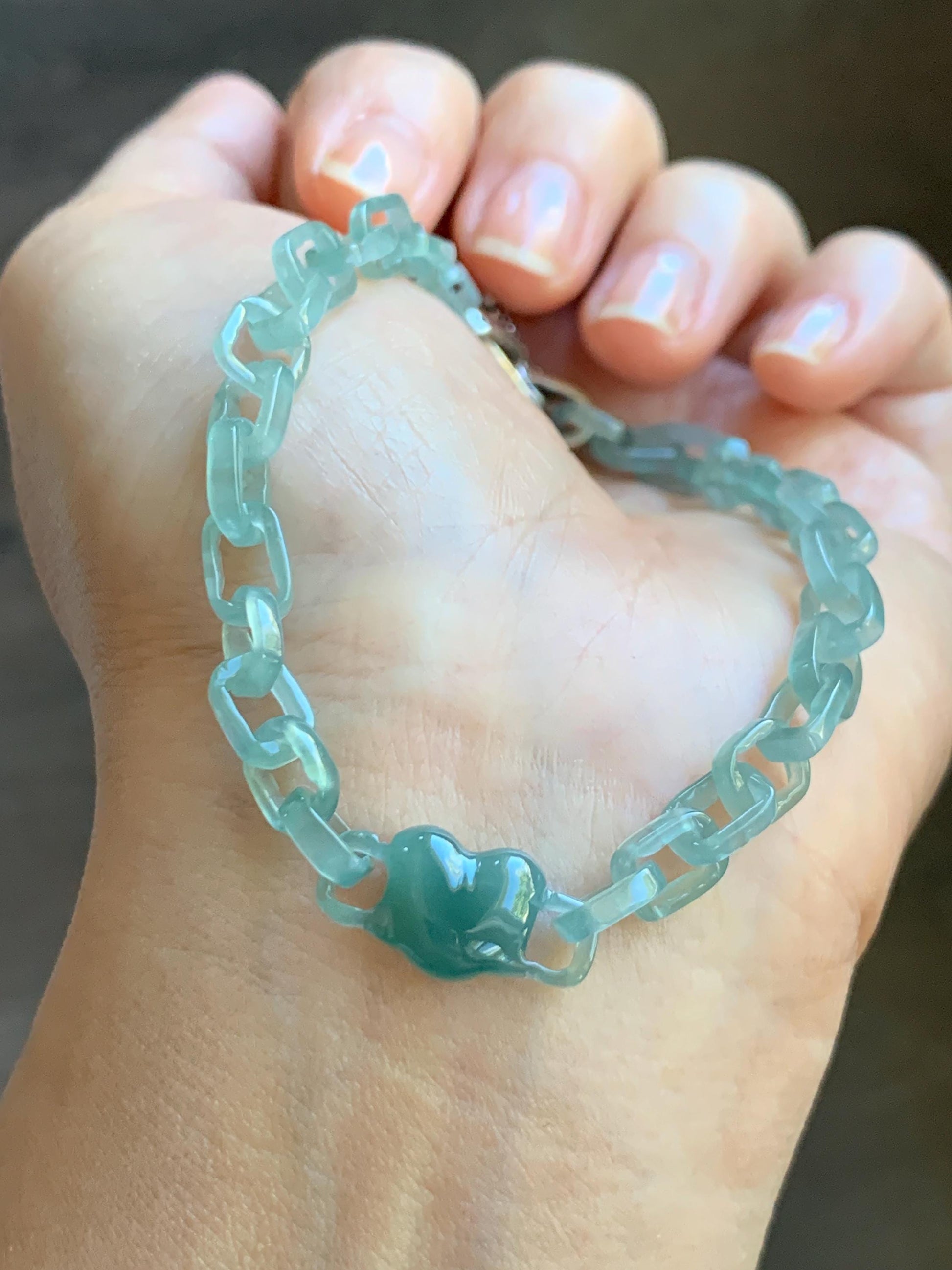 Certified Natural Type A Guatemalan Icy Teal Blue Jadeite Carved Interlocking Links Heart Bracelet Sterling Silver 9.25” 天然冰危蓝翡翠龙骨链爱心手链 571