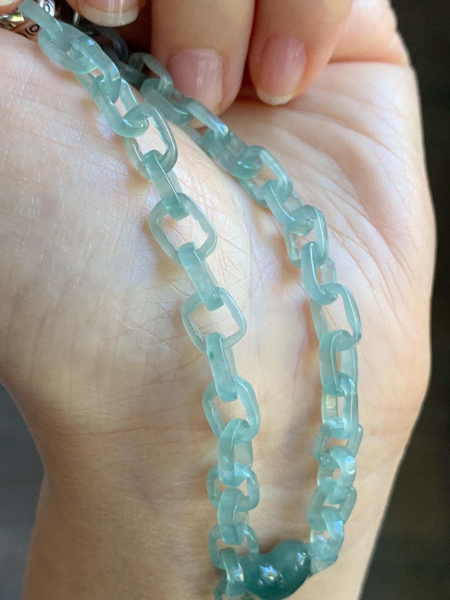 Certified Natural Type A Guatemalan Icy Teal Blue Jadeite Carved Interlocking Links Heart Bracelet Sterling Silver 9.25” 天然冰危蓝翡翠龙骨链爱心手链 571