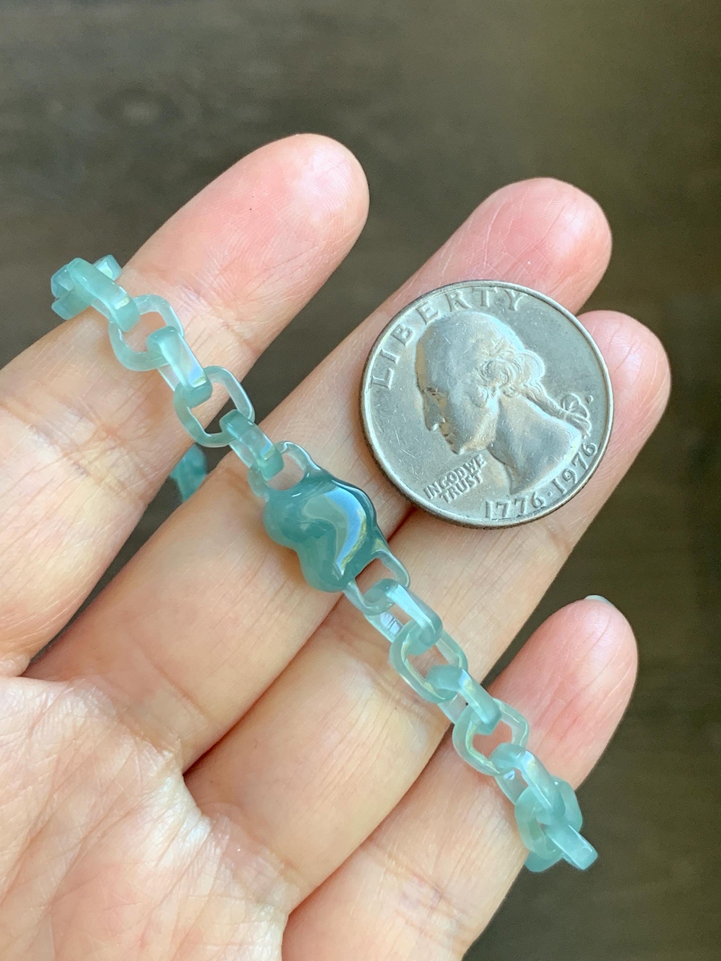 Certified Natural Type A Guatemalan Icy Teal Blue Jadeite Carved Interlocking Links Heart Bracelet Sterling Silver 9.25” 天然冰危蓝翡翠龙骨链爱心手链 571