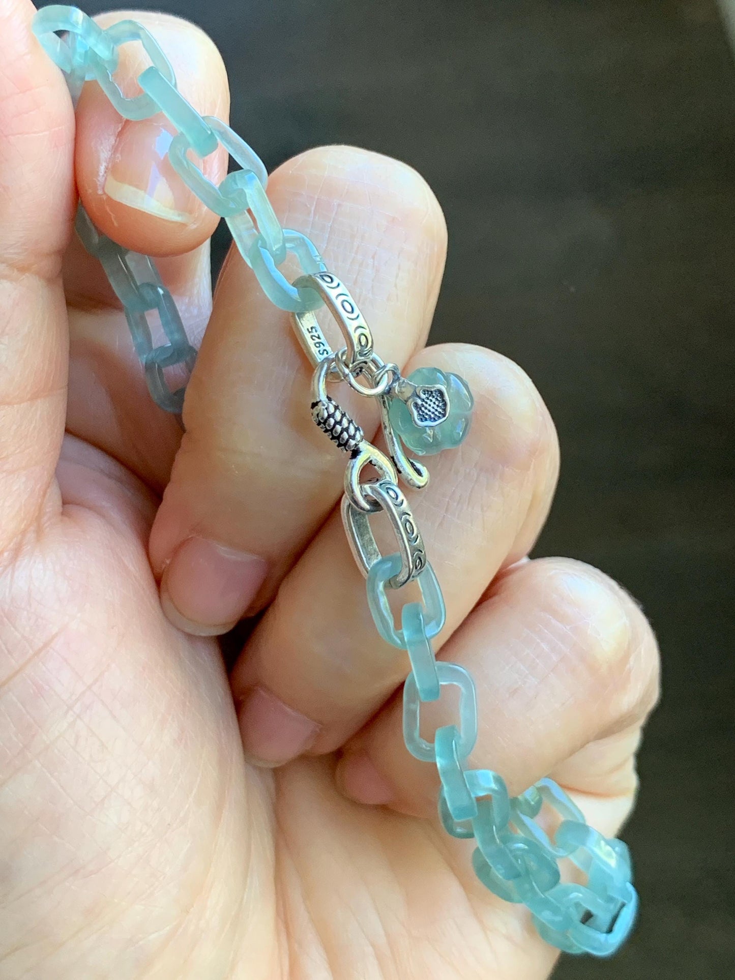 Certified Natural Type A Guatemalan Icy Teal Blue Jadeite Carved Interlocking Links Heart Bracelet Sterling Silver 9.25” 天然冰危蓝翡翠龙骨链爱心手链 571