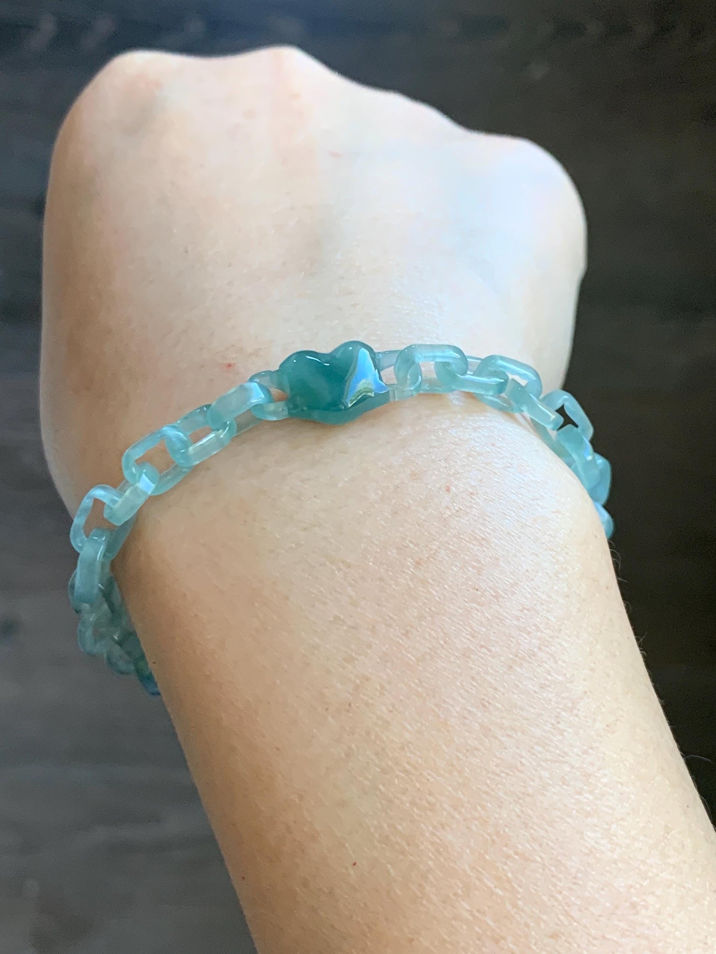 Certified Natural Type A Guatemalan Icy Teal Blue Jadeite Carved Interlocking Links Heart Bracelet Sterling Silver 9.25” 天然冰危蓝翡翠龙骨链爱心手链 571