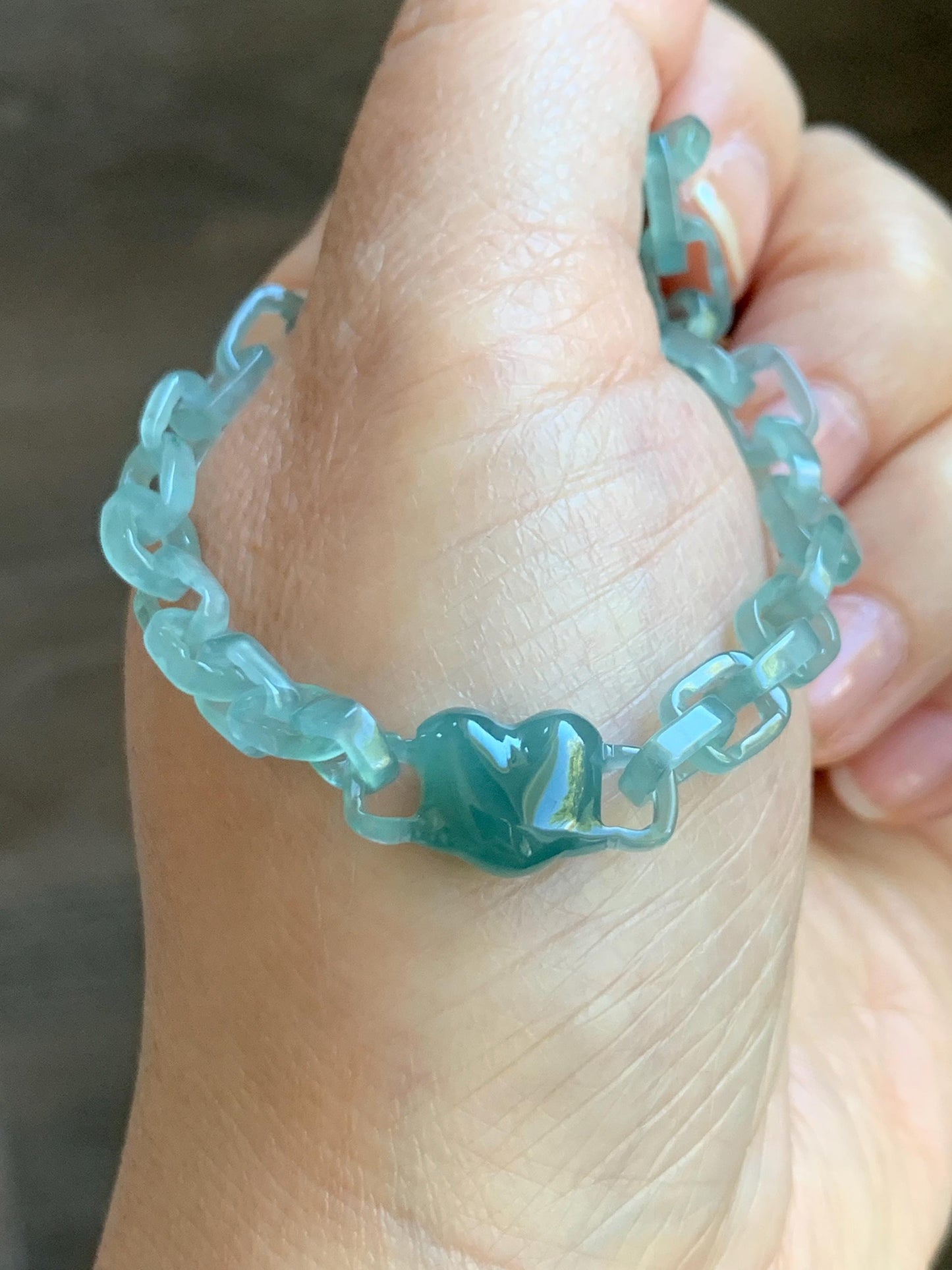 Certified Natural Type A Guatemalan Icy Teal Blue Jadeite Carved Interlocking Links Heart Bracelet Sterling Silver 9.25” 天然冰危蓝翡翠龙骨链爱心手链 571