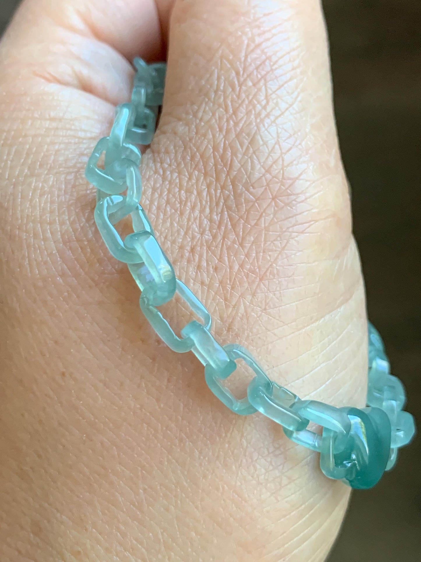 Certified Natural Type A Guatemalan Icy Teal Blue Jadeite Carved Interlocking Links Heart Bracelet Sterling Silver 9.25” 天然冰危蓝翡翠龙骨链爱心手链 571