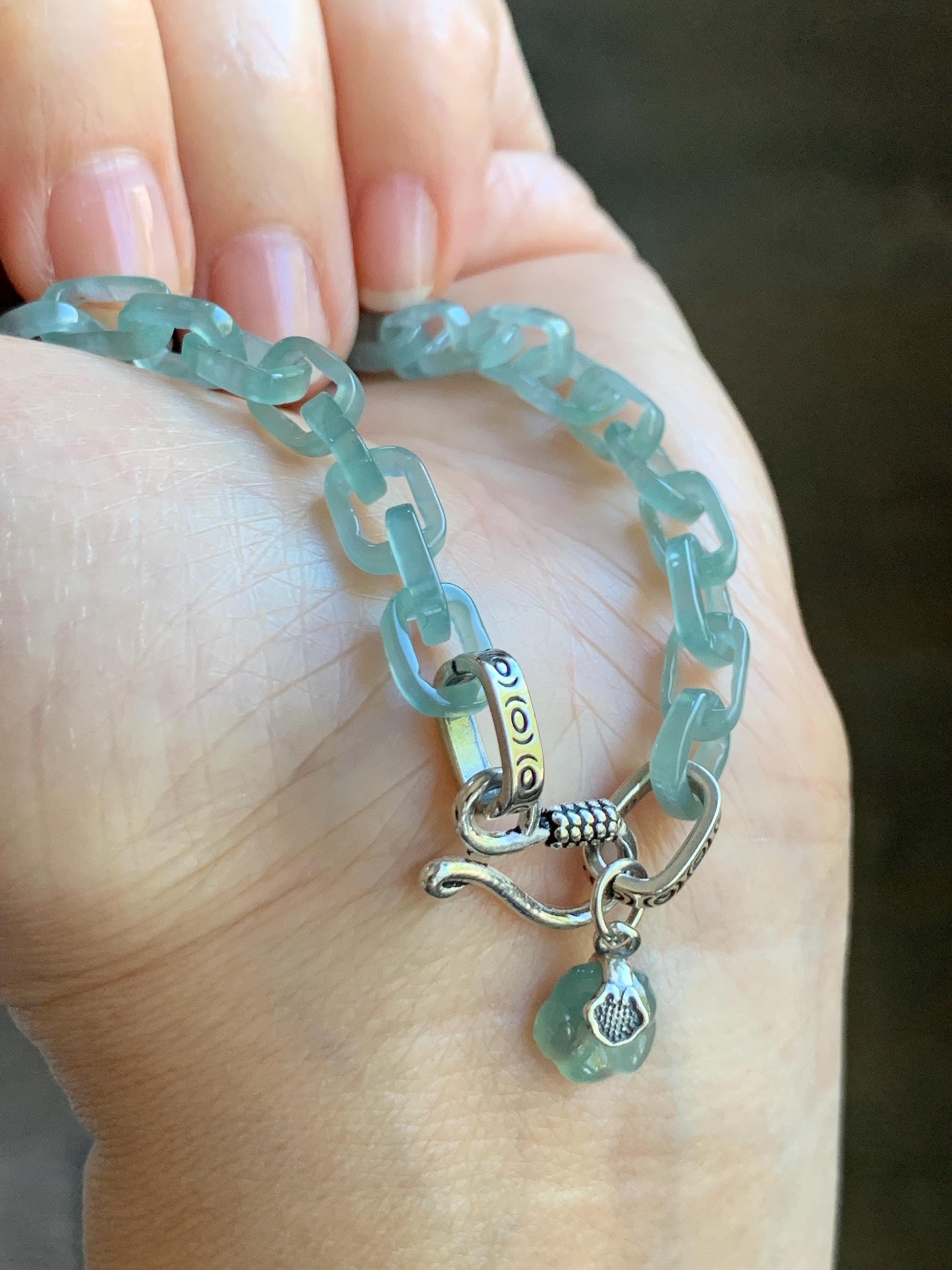 Certified Natural Type A Guatemalan Icy Teal Blue Jadeite Carved Interlocking Links Heart Bracelet Sterling Silver 9.25” 天然冰危蓝翡翠龙骨链爱心手链 571