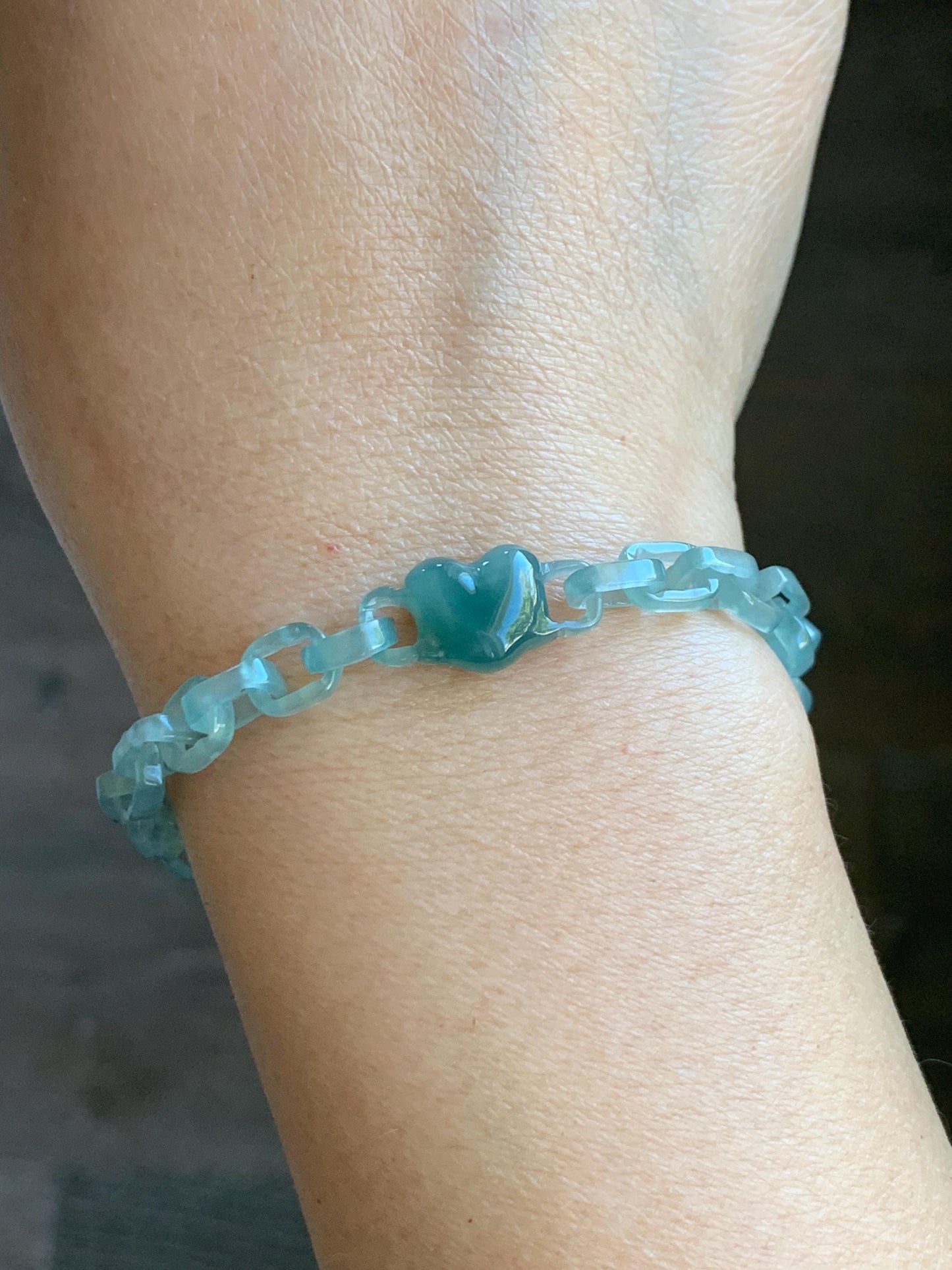 Certified Natural Type A Guatemalan Icy Teal Blue Jadeite Carved Interlocking Links Heart Bracelet Sterling Silver 9.25” 天然冰危蓝翡翠龙骨链爱心手链 571