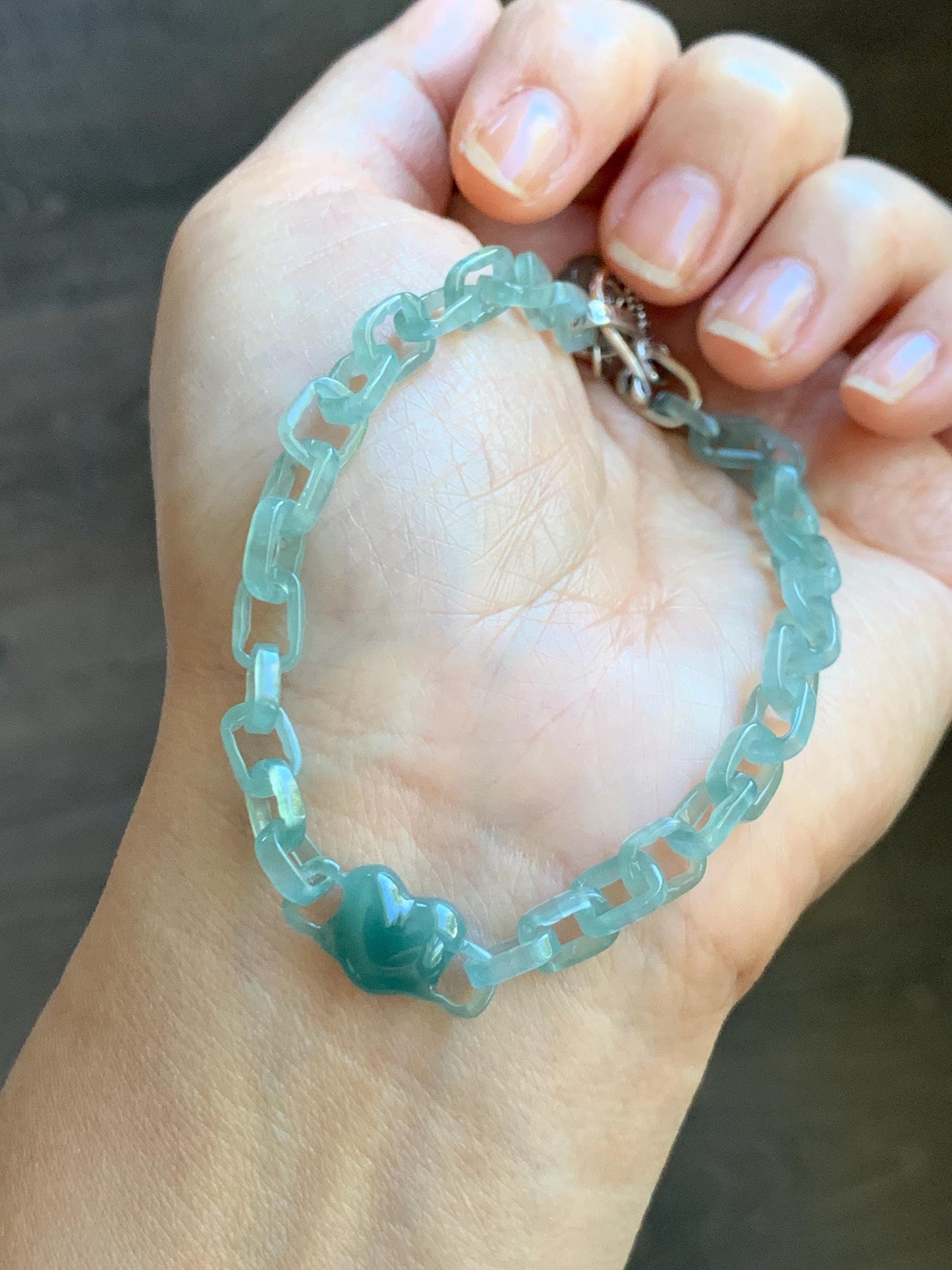Certified Natural Type A Guatemalan Icy Teal Blue Jadeite Carved Interlocking Links Heart Bracelet Sterling Silver 9.25” 天然冰危蓝翡翠龙骨链爱心手链 571