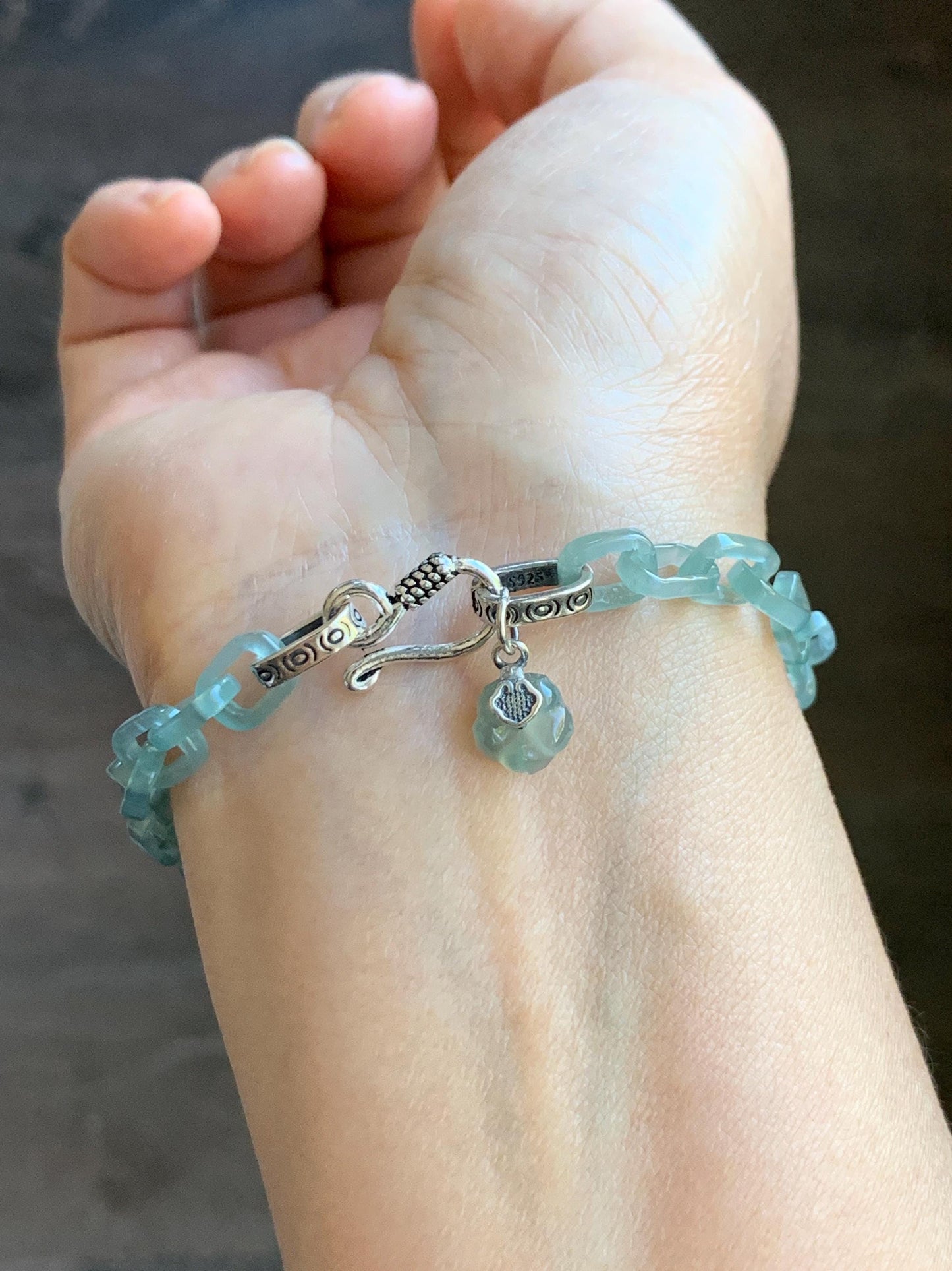 Certified Natural Type A Guatemalan Icy Teal Blue Jadeite Carved Interlocking Links Heart Bracelet Sterling Silver 9.25” 天然冰危蓝翡翠龙骨链爱心手链 571