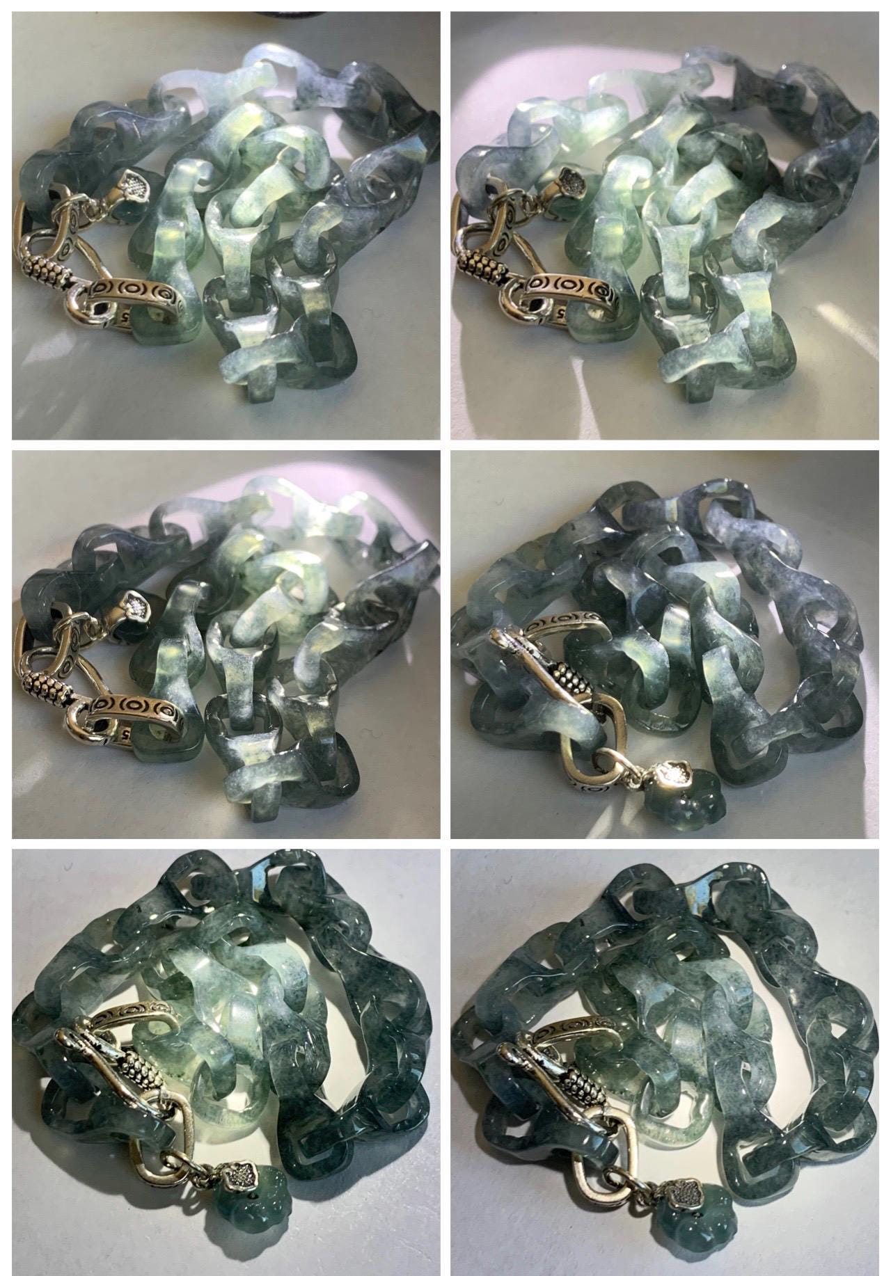 Certified Natural Type A Guatemalan Icy Blue Wuji Jadeite Interlocking Dragon Bone Link Chain Bracelet Sterling Silver 8" 天然冰胶危蓝乌鸡翡翠龙骨链手链572