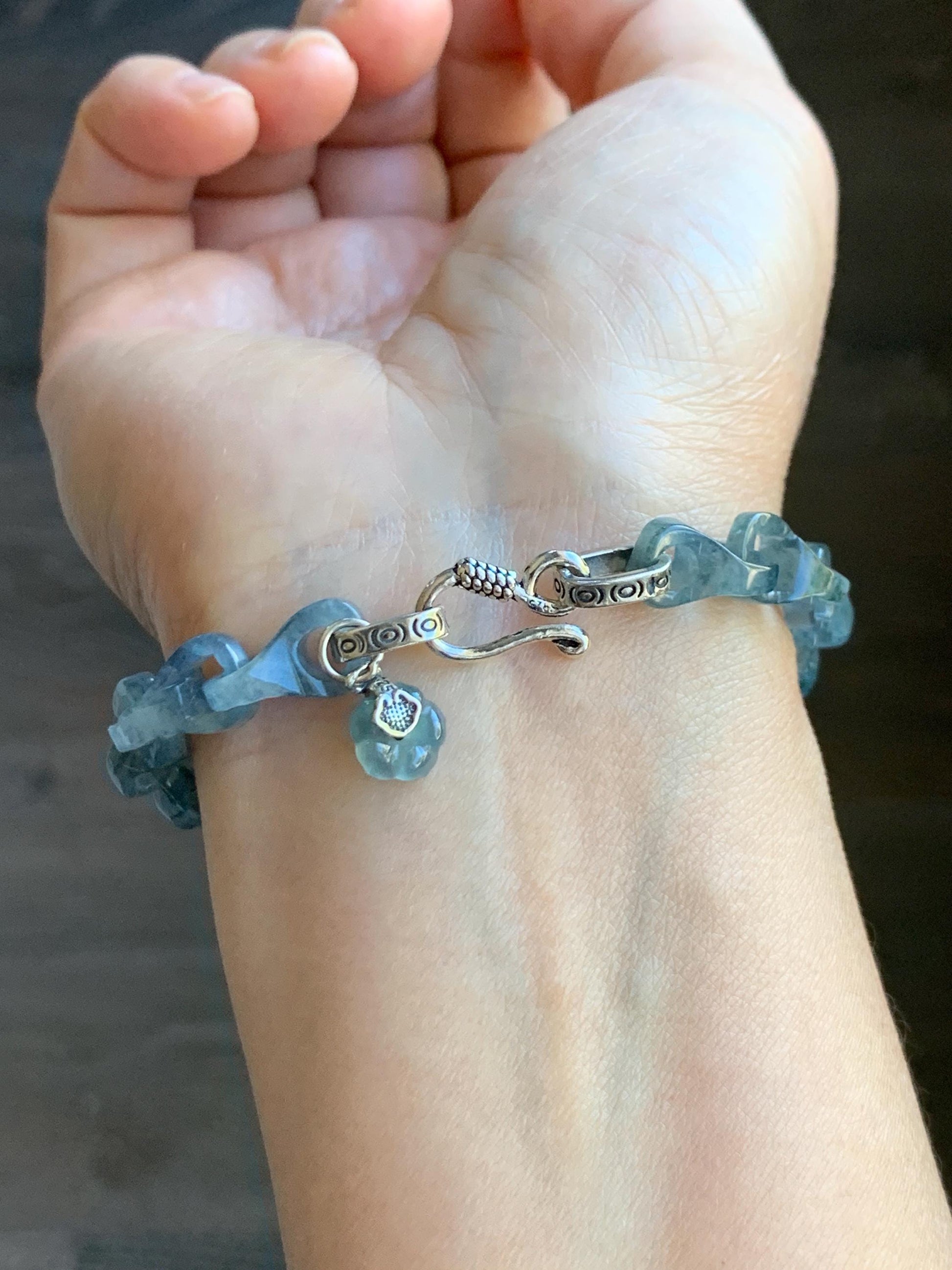 Certified Natural Type A Guatemalan Icy Blue Wuji Jadeite Interlocking Dragon Bone Link Chain Bracelet Sterling Silver 8" 天然冰胶危蓝乌鸡翡翠龙骨链手链572