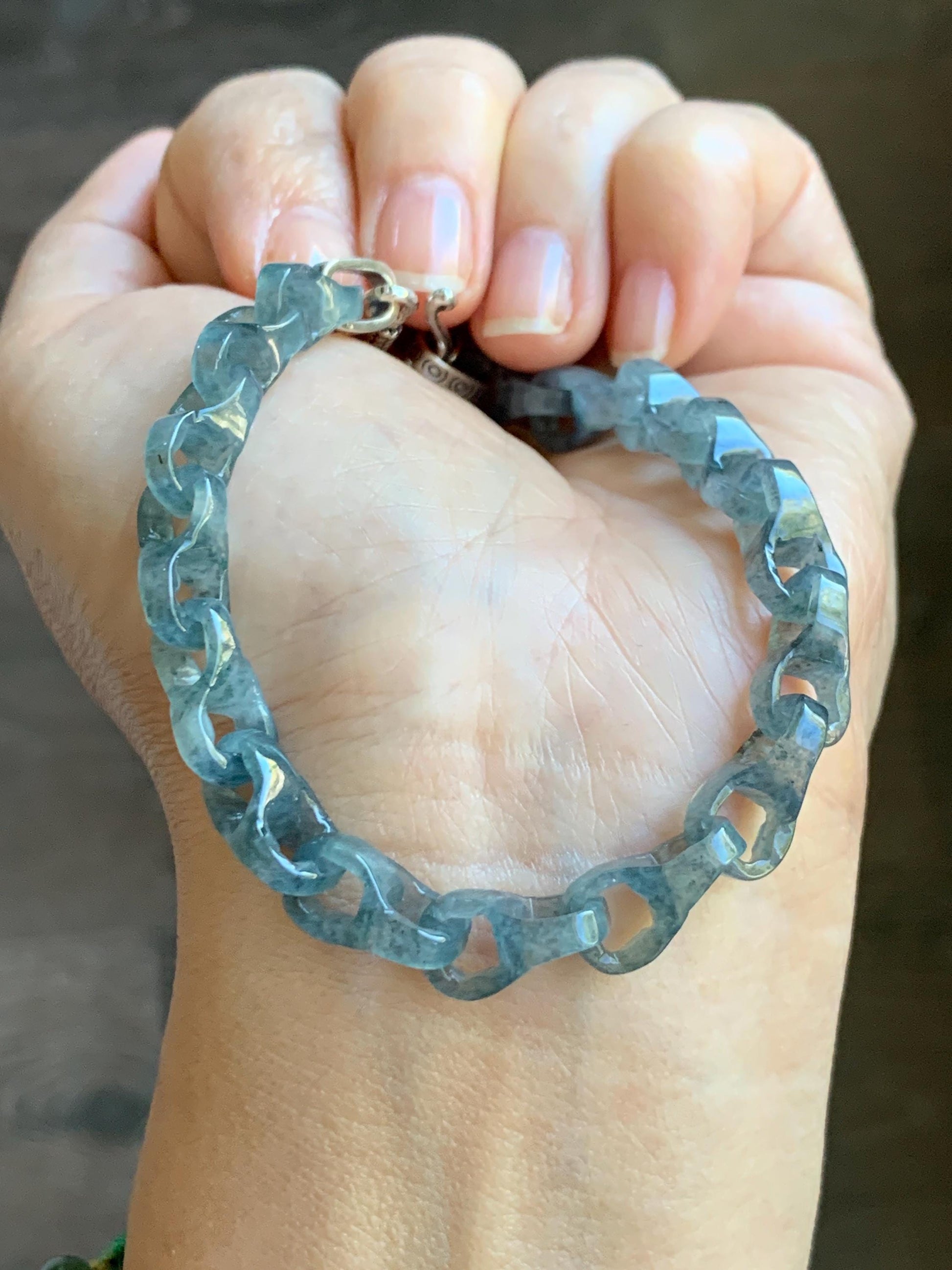 Certified Natural Type A Guatemalan Icy Blue Wuji Jadeite Interlocking Dragon Bone Link Chain Bracelet Sterling Silver 8" 天然冰胶危蓝乌鸡翡翠龙骨链手链572