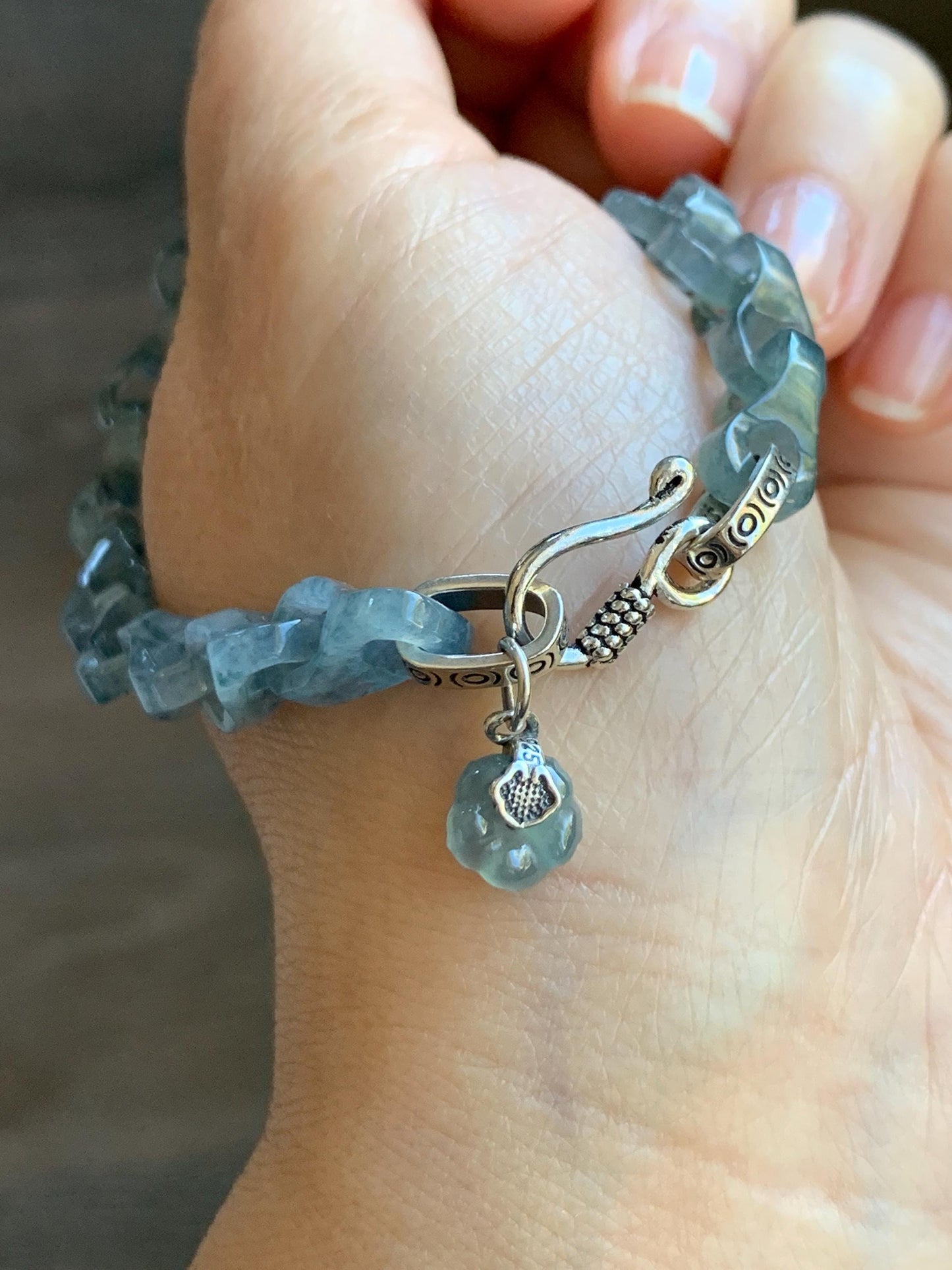 Certified Natural Type A Guatemalan Icy Blue Wuji Jadeite Interlocking Dragon Bone Link Chain Bracelet Sterling Silver 8" 天然冰胶危蓝乌鸡翡翠龙骨链手链572