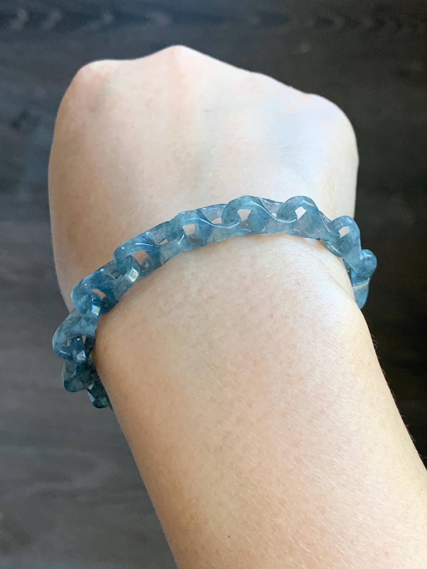 Certified Natural Type A Guatemalan Icy Blue Wuji Jadeite Interlocking Dragon Bone Link Chain Bracelet Sterling Silver 8" 天然冰胶危蓝乌鸡翡翠龙骨链手链572