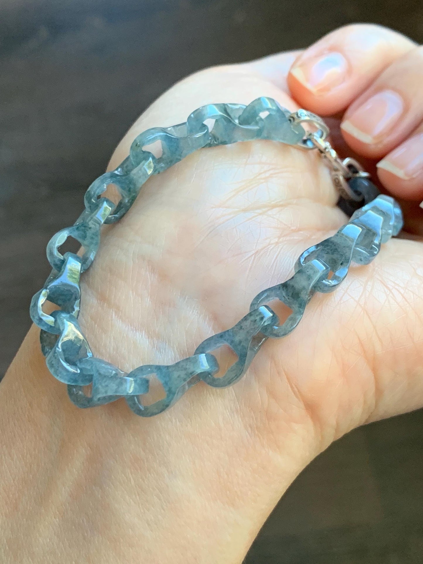 Certified Natural Type A Guatemalan Icy Blue Wuji Jadeite Interlocking Dragon Bone Link Chain Bracelet Sterling Silver 8" 天然冰胶危蓝乌鸡翡翠龙骨链手链572