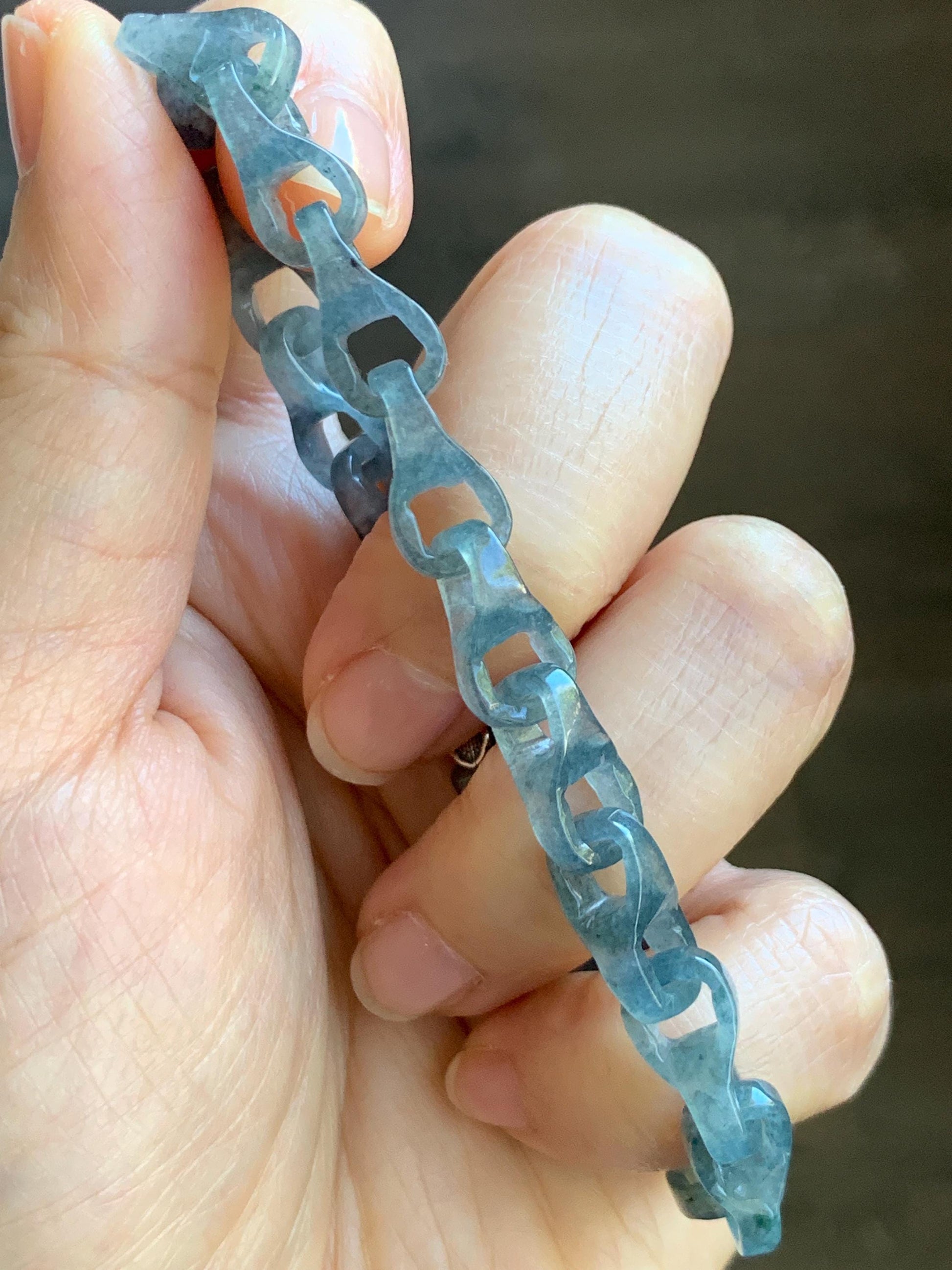 Certified Natural Type A Guatemalan Icy Blue Wuji Jadeite Interlocking Dragon Bone Link Chain Bracelet Sterling Silver 8" 天然冰胶危蓝乌鸡翡翠龙骨链手链572