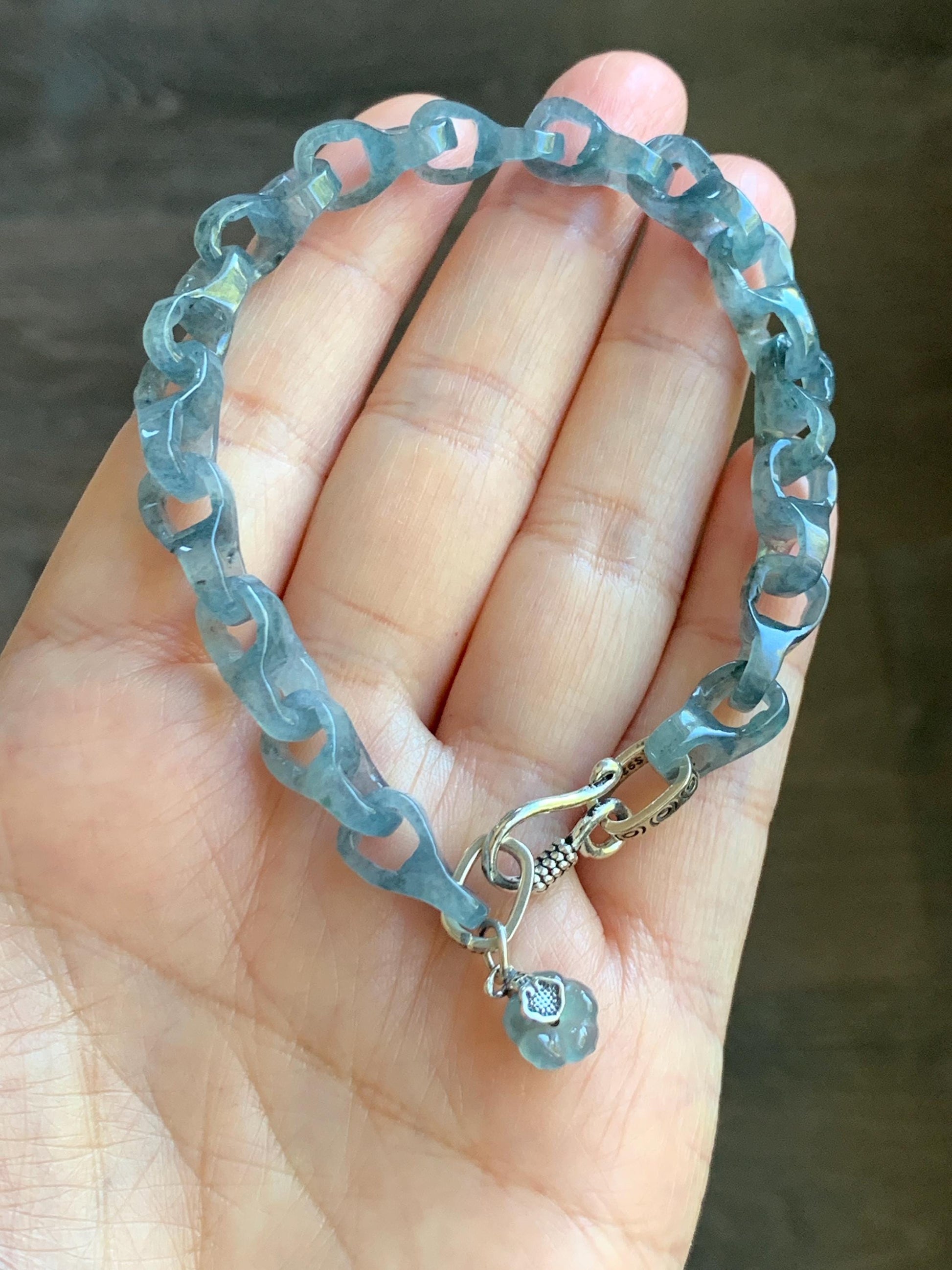 Certified Natural Type A Guatemalan Icy Blue Wuji Jadeite Interlocking Dragon Bone Link Chain Bracelet Sterling Silver 8" 天然冰胶危蓝乌鸡翡翠龙骨链手链572