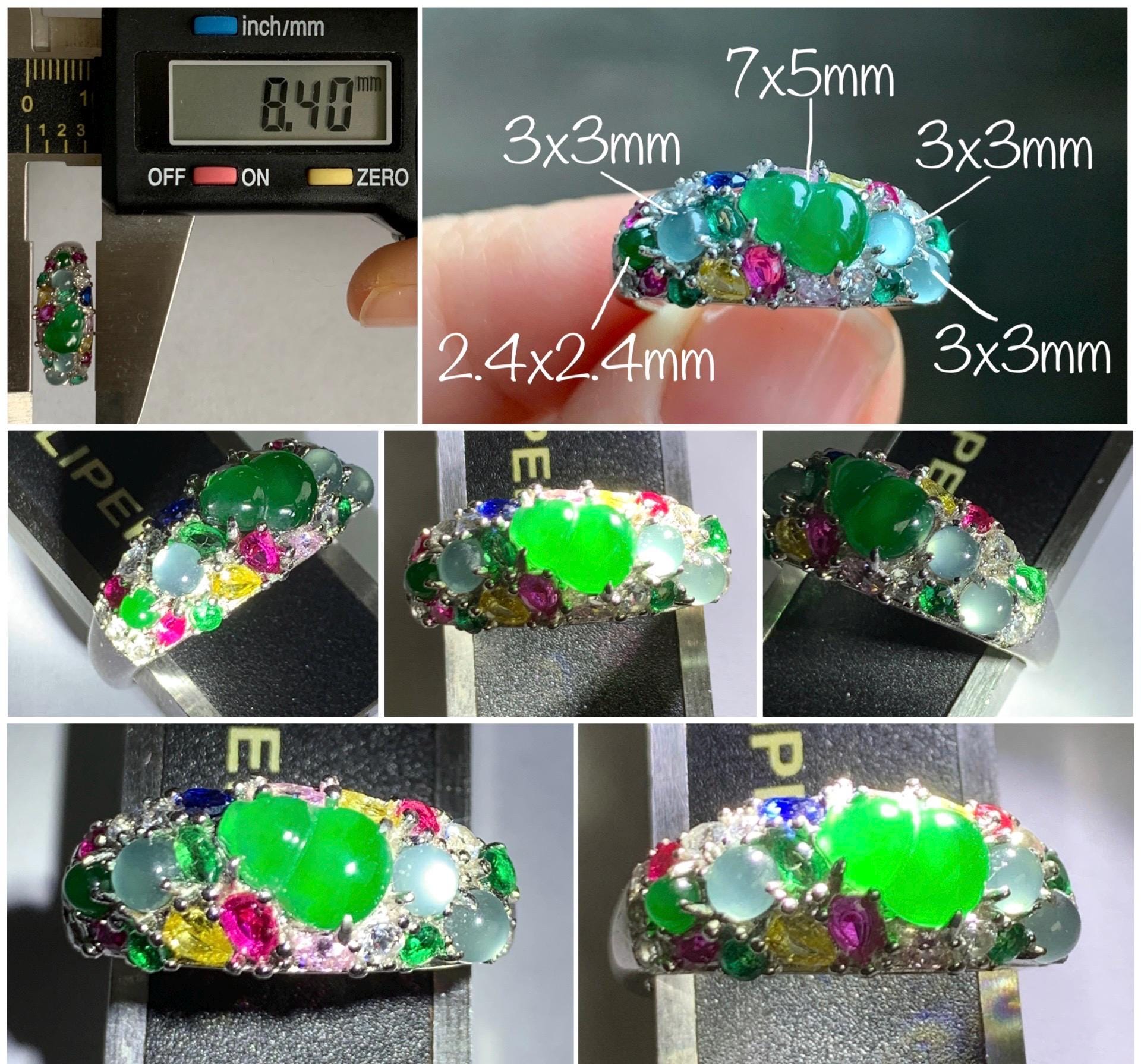 Natural Grade A Guatemalan Icy Translucent Vibrant Green Jade Jadeite Gourd Hulu Band Ring Sterling Silver Size 7 天然冰危绿翡翠花开富贵银镶戒指 HKFL98B