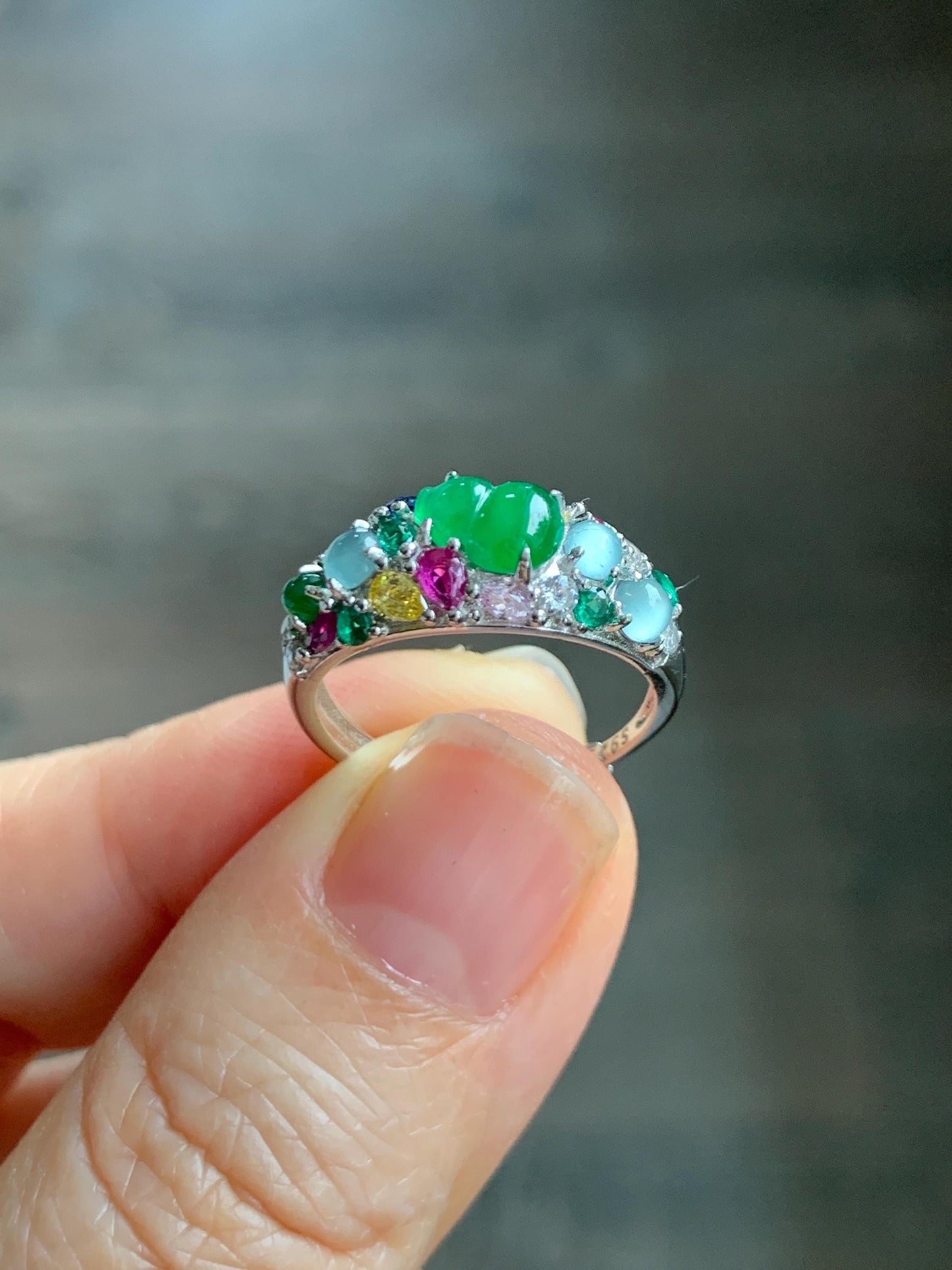 Natural Grade A Guatemalan Icy Translucent Vibrant Green Jade Jadeite Gourd Hulu Band Ring Sterling Silver Size 7 天然冰危绿翡翠花开富贵银镶戒指 HKFL98B
