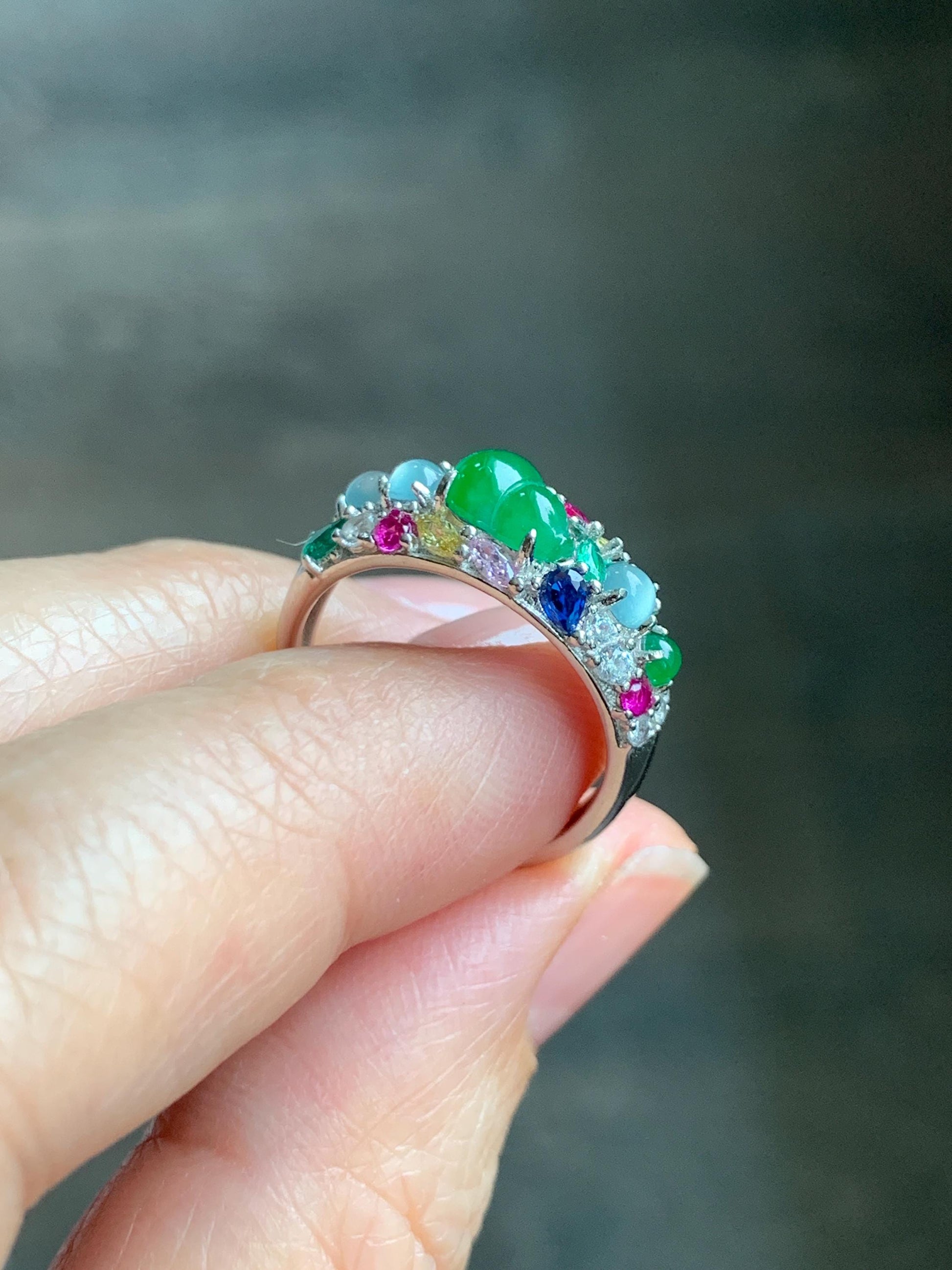 Natural Grade A Guatemalan Icy Translucent Vibrant Green Jade Jadeite Gourd Hulu Band Ring Sterling Silver Size 7 天然冰危绿翡翠花开富贵银镶戒指 HKFL98B